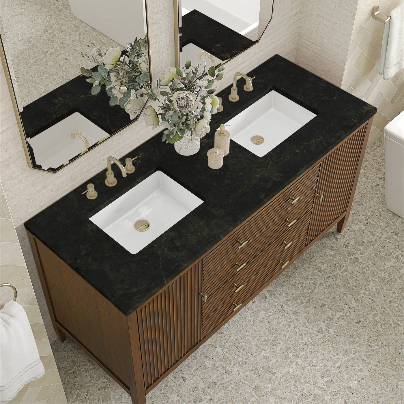 James Martin Myrrin 60" Double Bathroom Vanity, Mid-Century Walnut with Phantome countertop