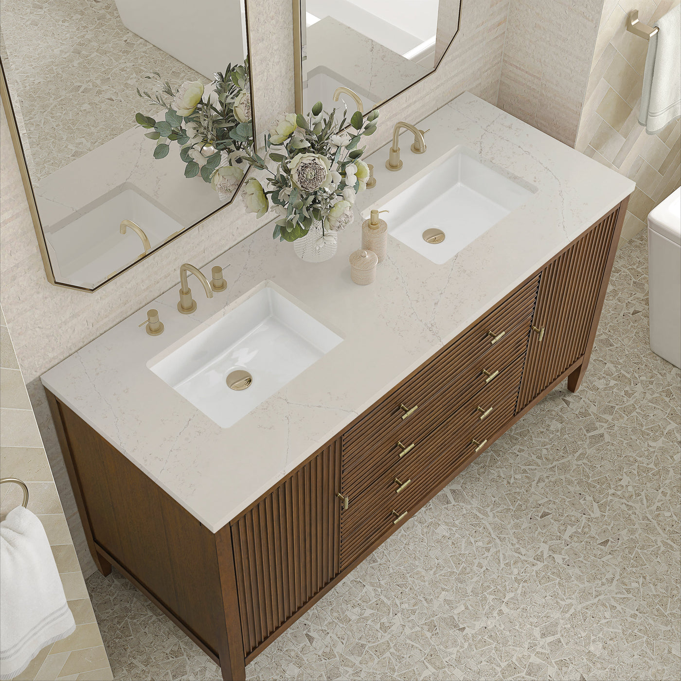 James Martin Myrrin 60" Double Bathroom Vanity, Mid-Century Walnut with Siberian countertop
