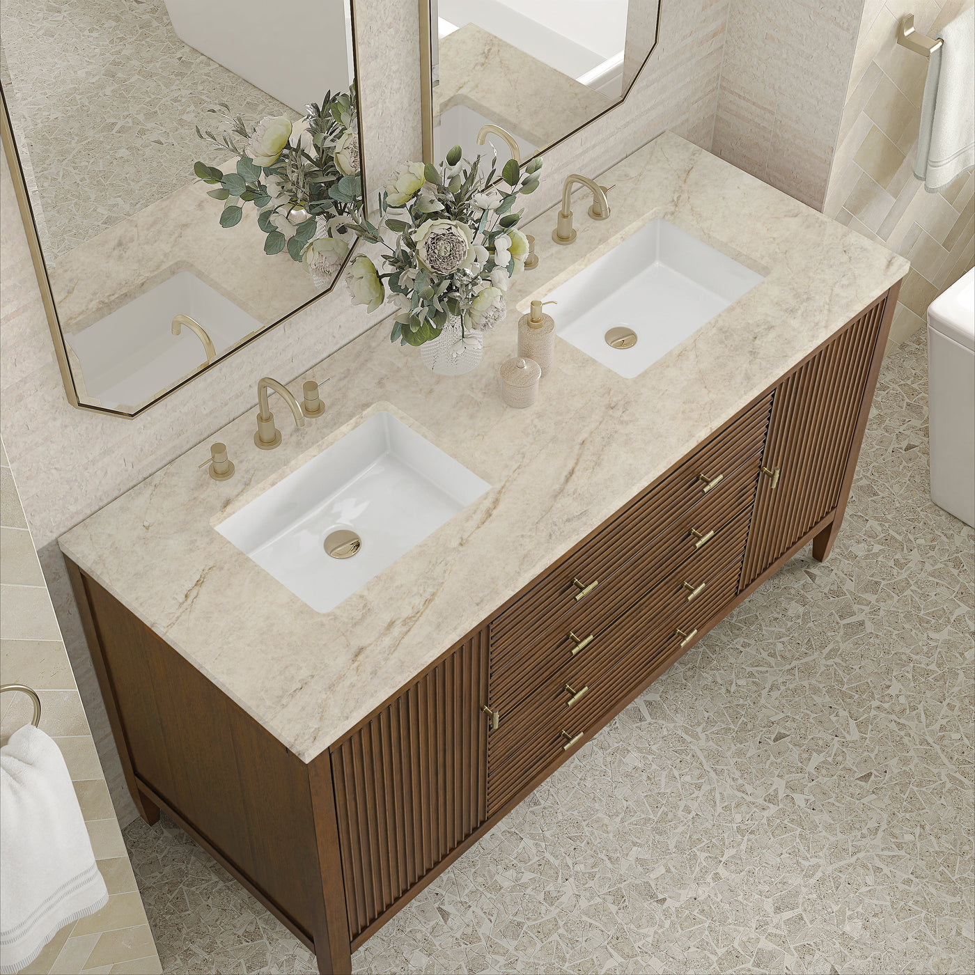James Martin Myrrin 60" Double Bathroom Vanity, Mid-Century Walnut with Tajnar countertop