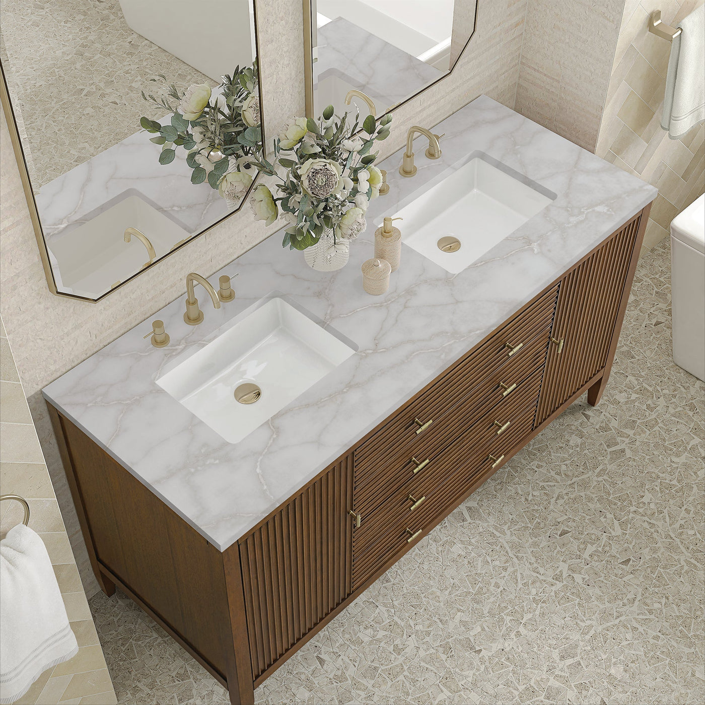 James Martin Myrrin 60" Double Bathroom Vanity, Mid-Century Walnut with Victorian Silver countertop