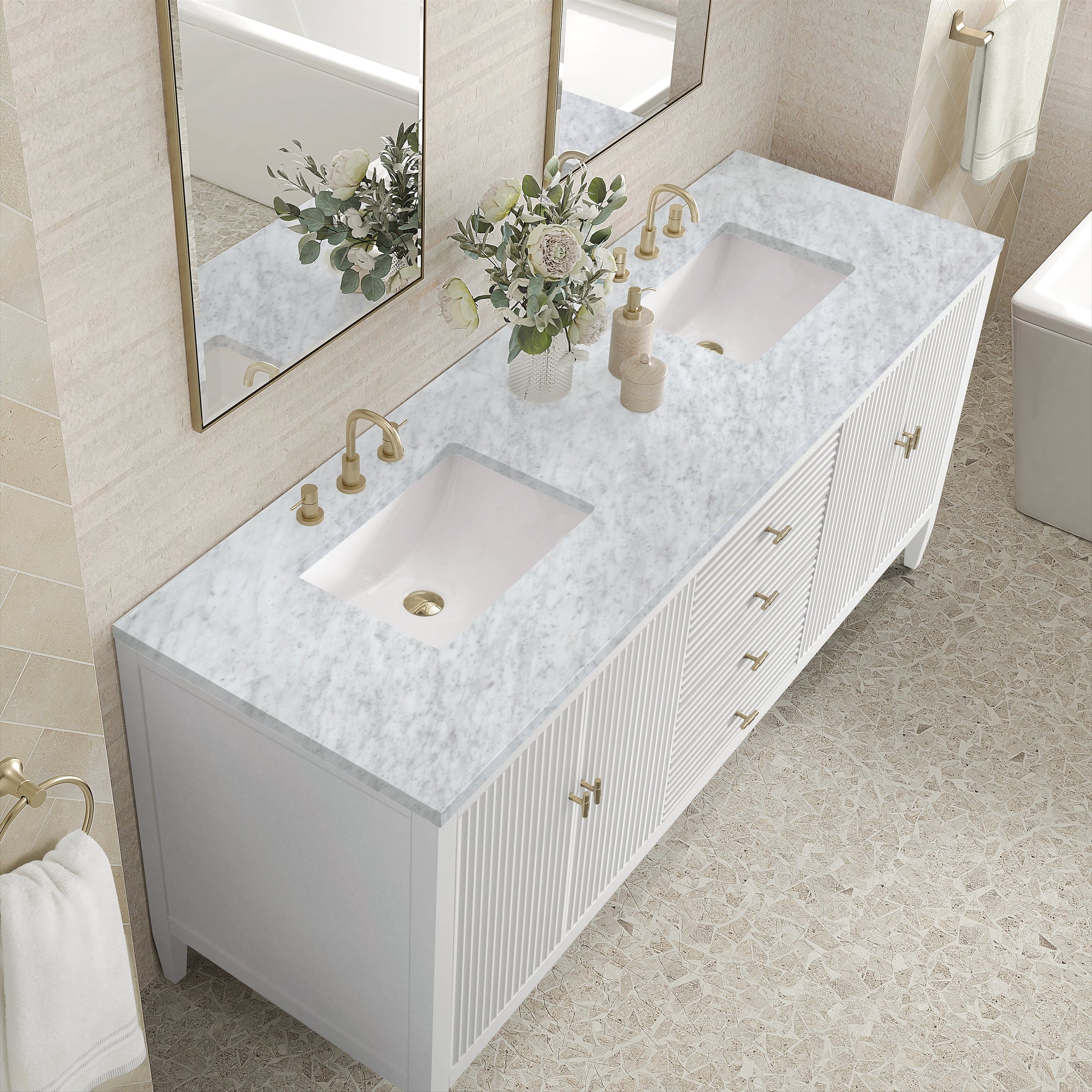 James Martin Myrrin 72" Double Bathroom Vanity, Bright White with Carrara White countertop