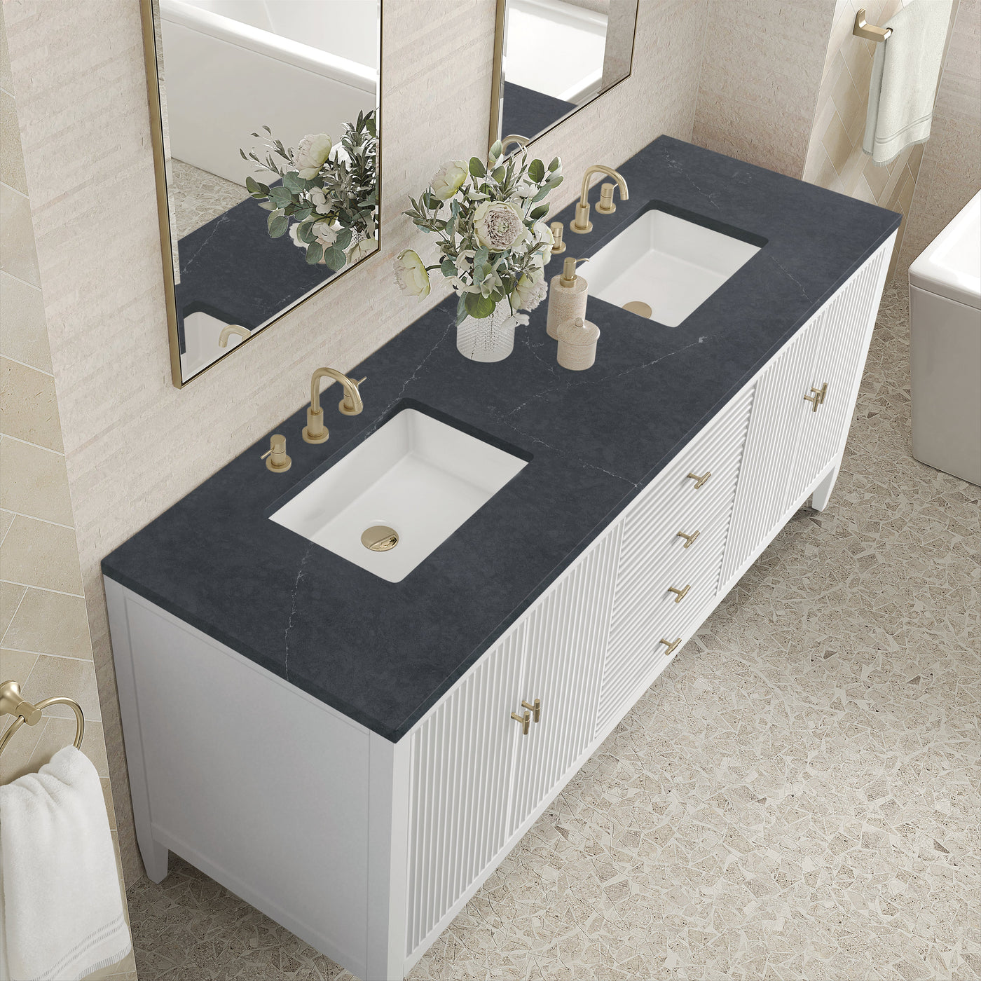 James Martin Myrrin 72" Double Bathroom Vanity, Bright White with Charcoal Soapstone countertop