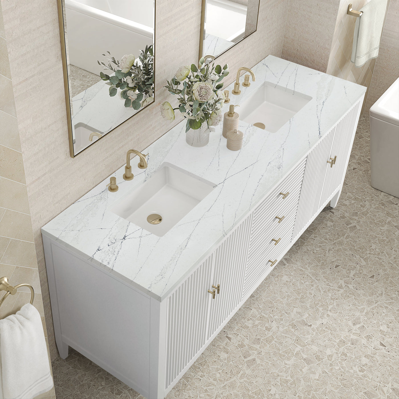 James Martin Myrrin 72" Double Bathroom Vanity, Bright White with Ethereal Noctis countertop