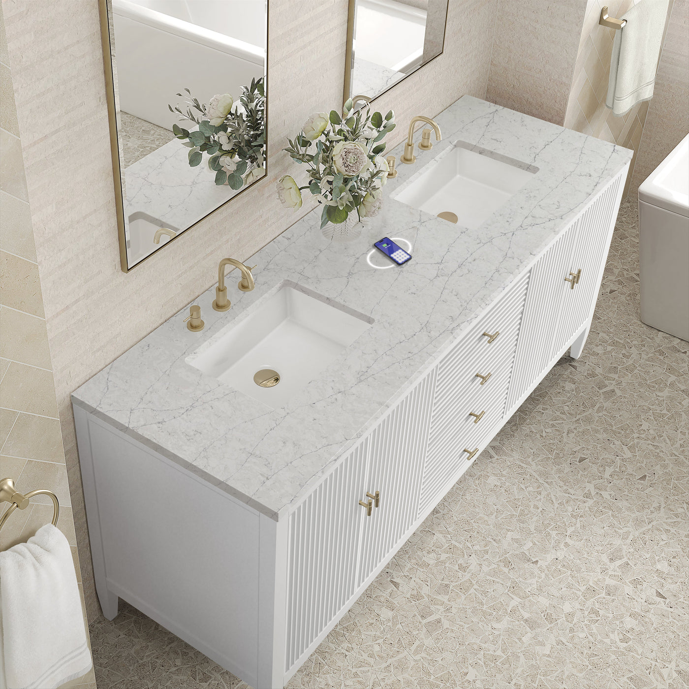 James Martin Myrrin 72" Double Bathroom Vanity, Bright White with Eternal Jasmine Pearl (FreePower) countertop