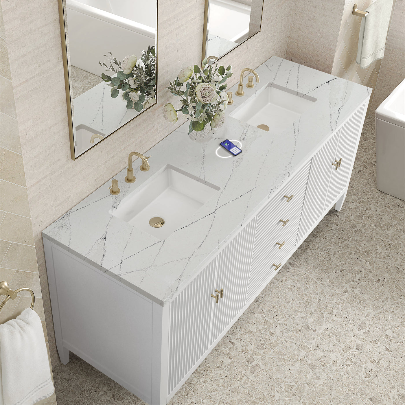 James Martin Myrrin 72" Double Bathroom Vanity, Bright White with Ethereal Noctis (FreePower) countertop