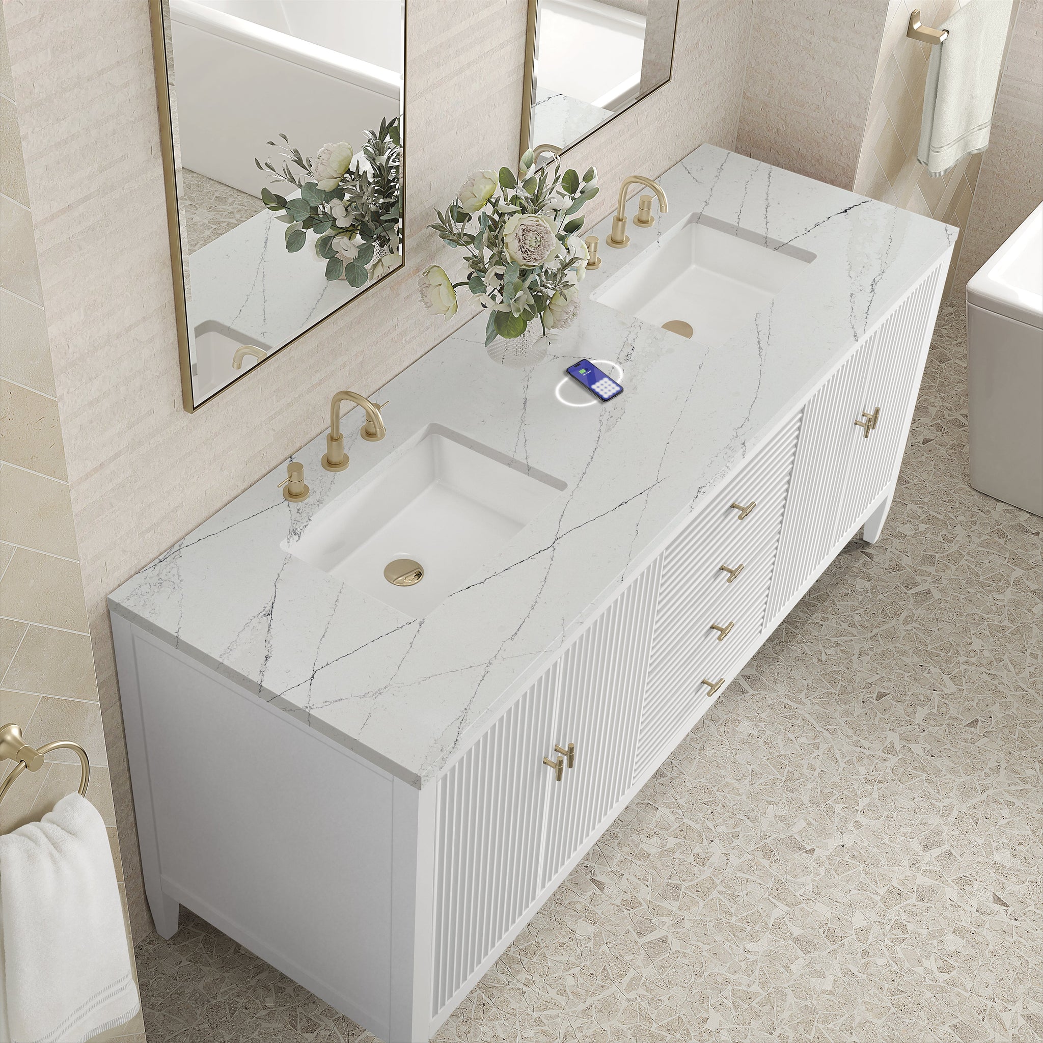 James Martin Myrrin 72" Double Bathroom Vanity, Bright White with Ethereal Noctis (FreePower) countertop