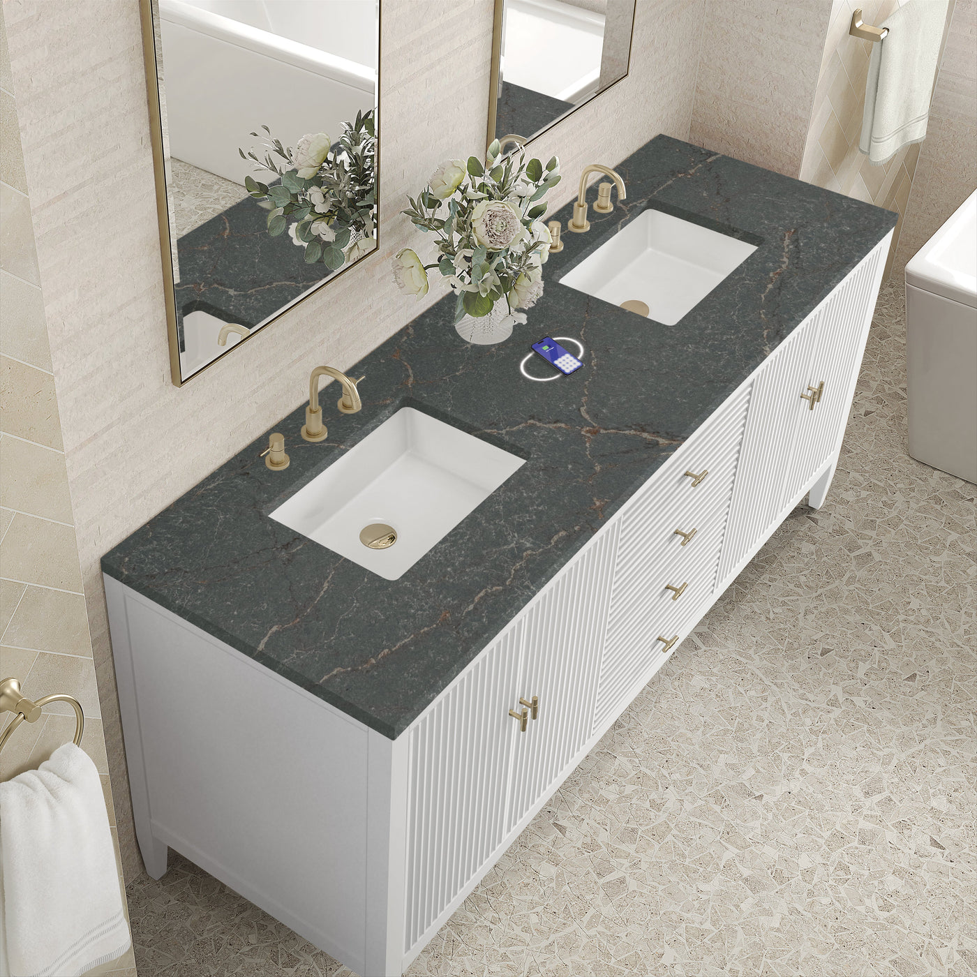 James Martin Myrrin 72" Double Bathroom Vanity, Bright White with Parisien Bleu (FreePower) countertop