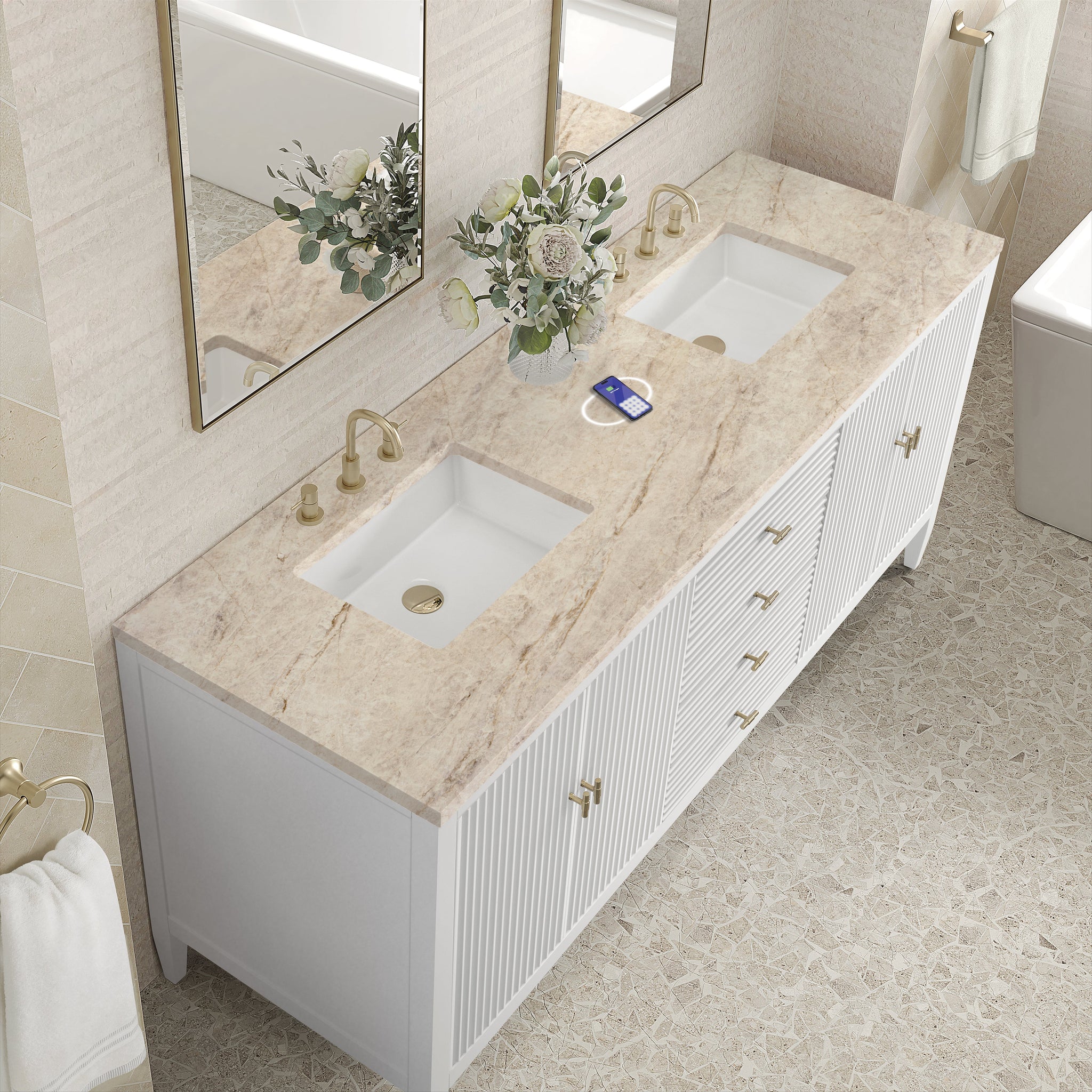 James Martin Myrrin 72" Double Bathroom Vanity, Bright White with Tajnar (FreePower) countertop