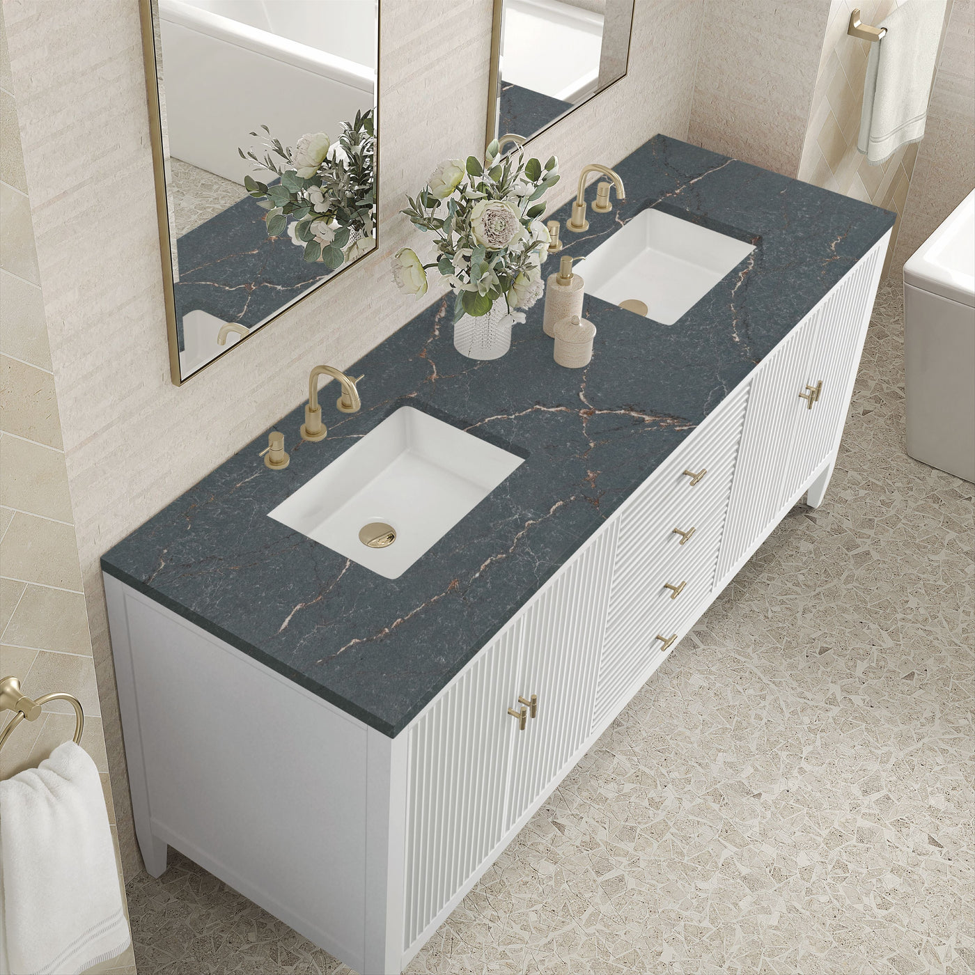 James Martin Myrrin 72" Double Bathroom Vanity, Bright White with Parisien Bleu countertop
