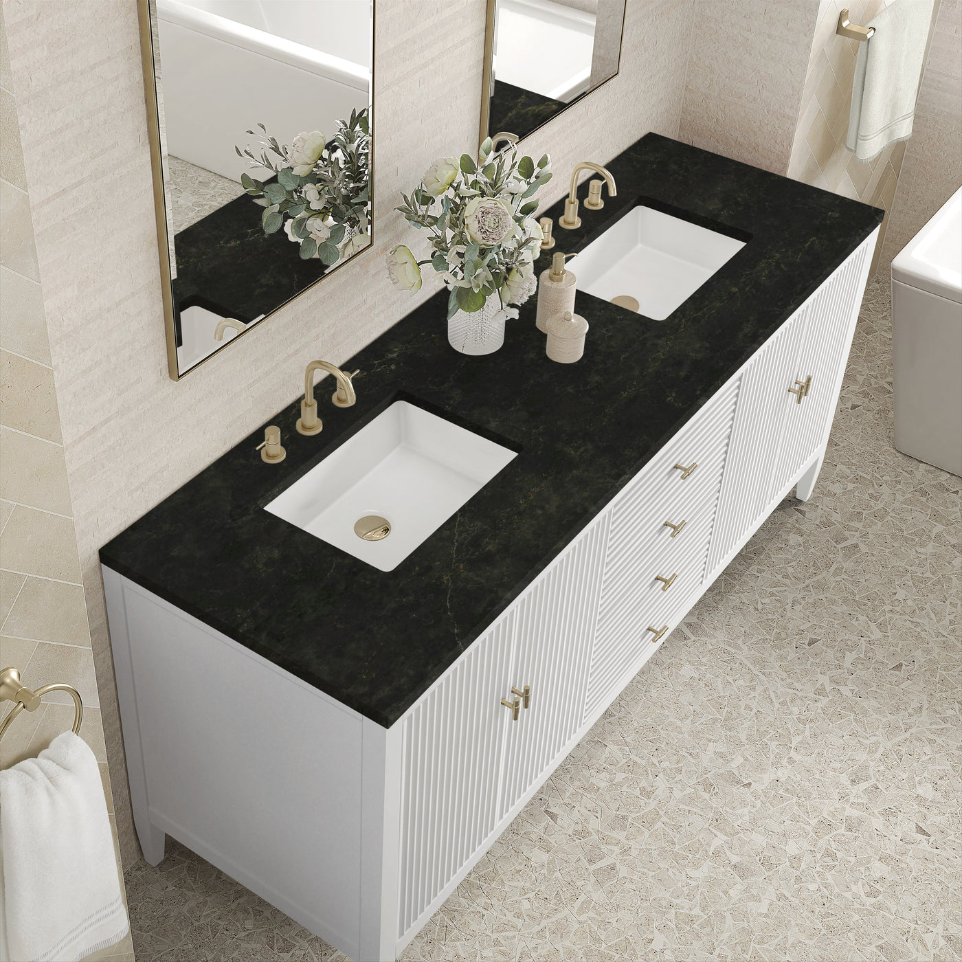James Martin Myrrin 72" Double Bathroom Vanity, Bright White with Phantome countertop