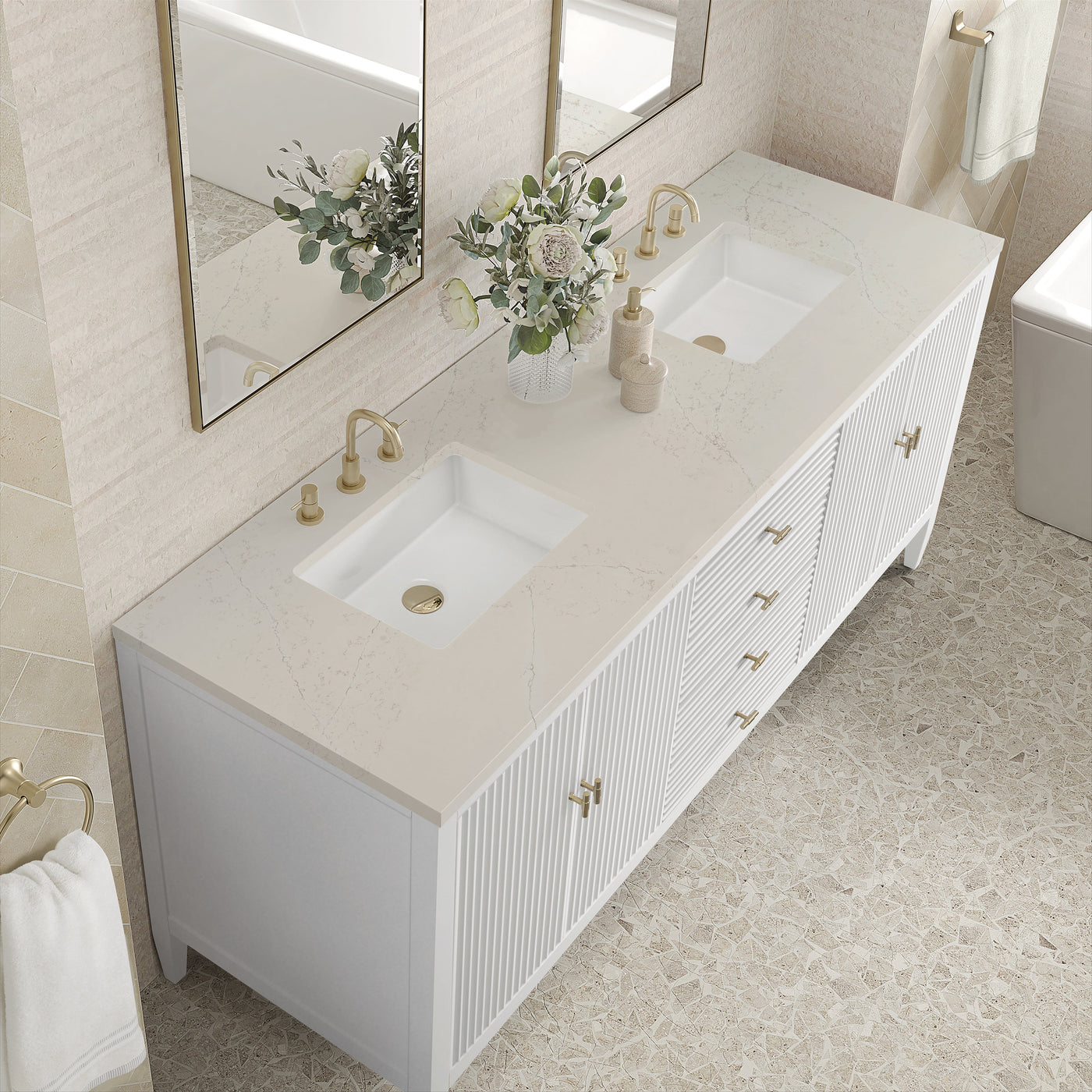 James Martin Myrrin 72" Double Bathroom Vanity, Bright White with Siberian countertop
