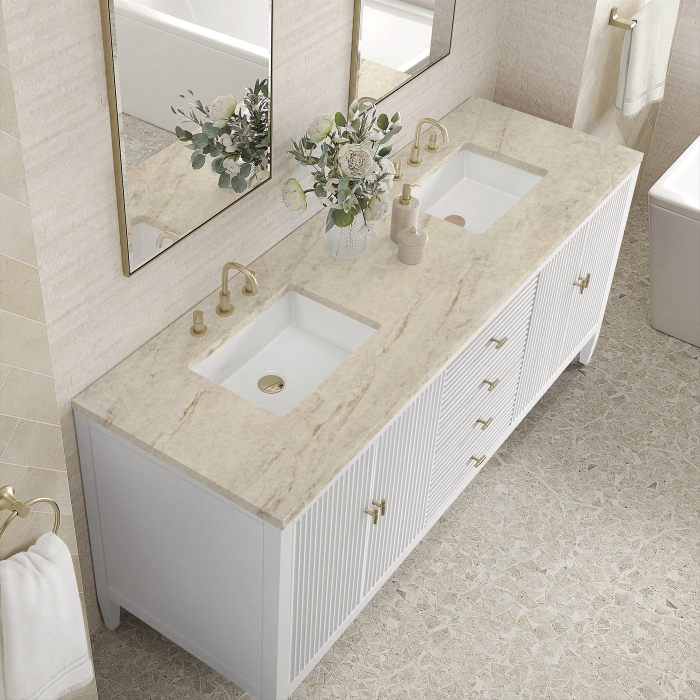 James Martin Myrrin 72" Double Bathroom Vanity, Bright White with Tajnar countertop