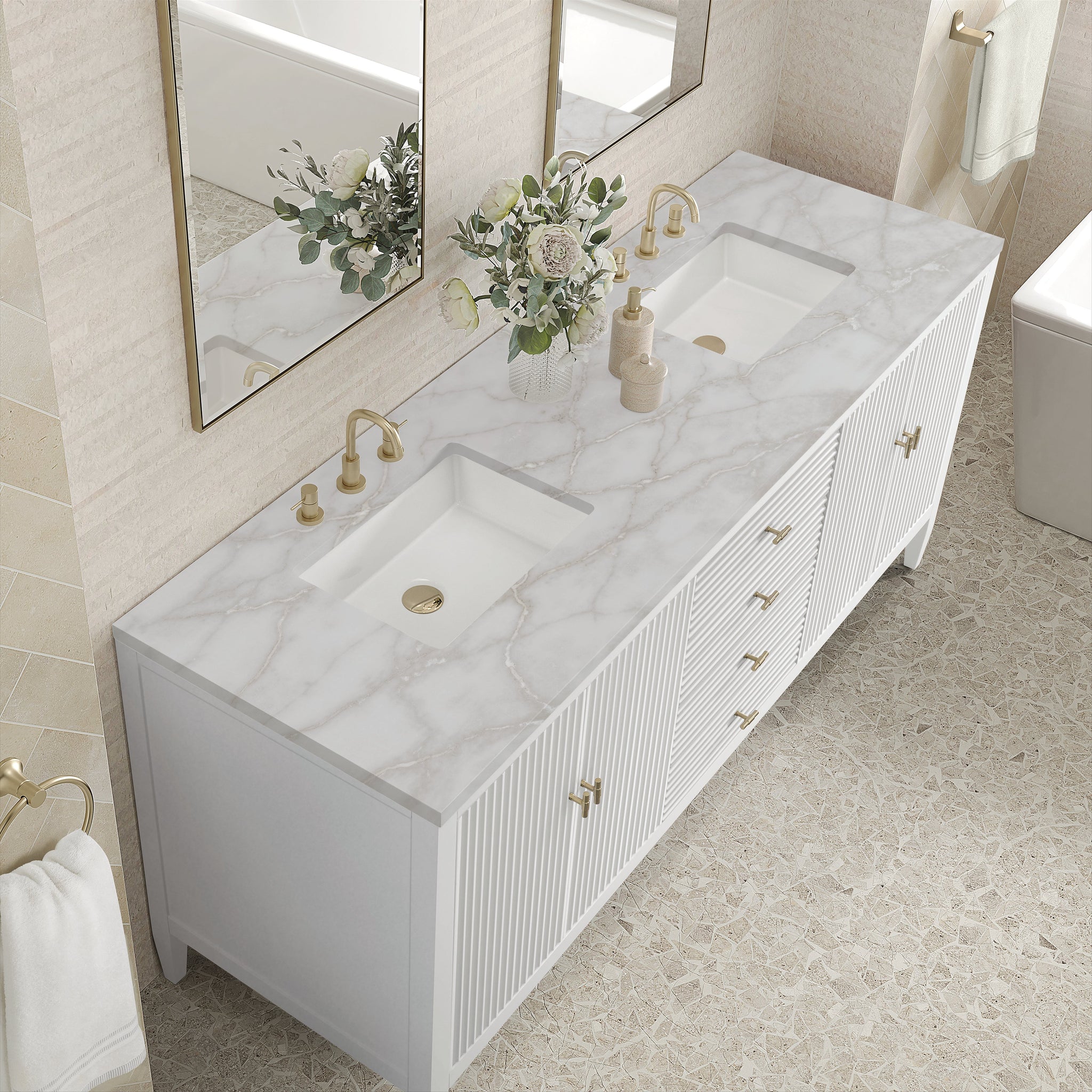 James Martin Myrrin 72" Double Bathroom Vanity, Bright White with Victorian Silver countertop
