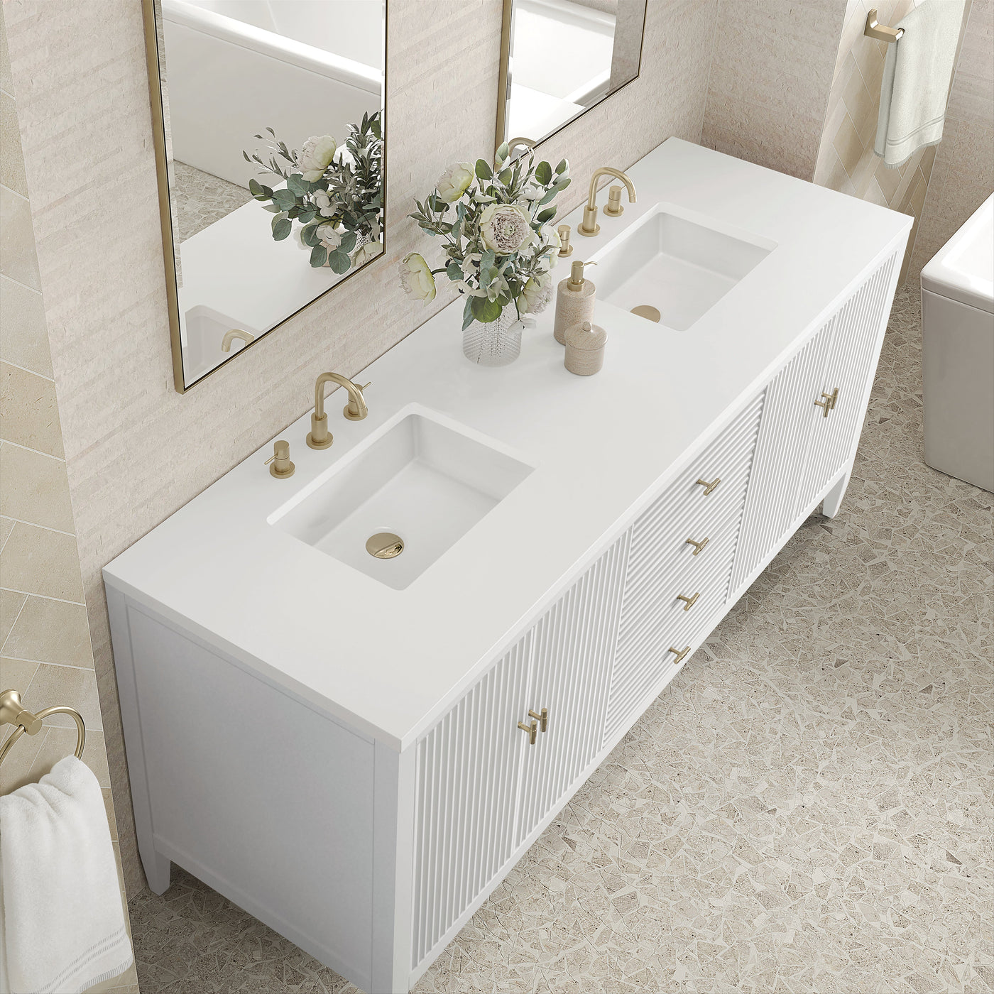 James Martin Myrrin 72" Double Bathroom Vanity, Bright White with White Zeus countertop
