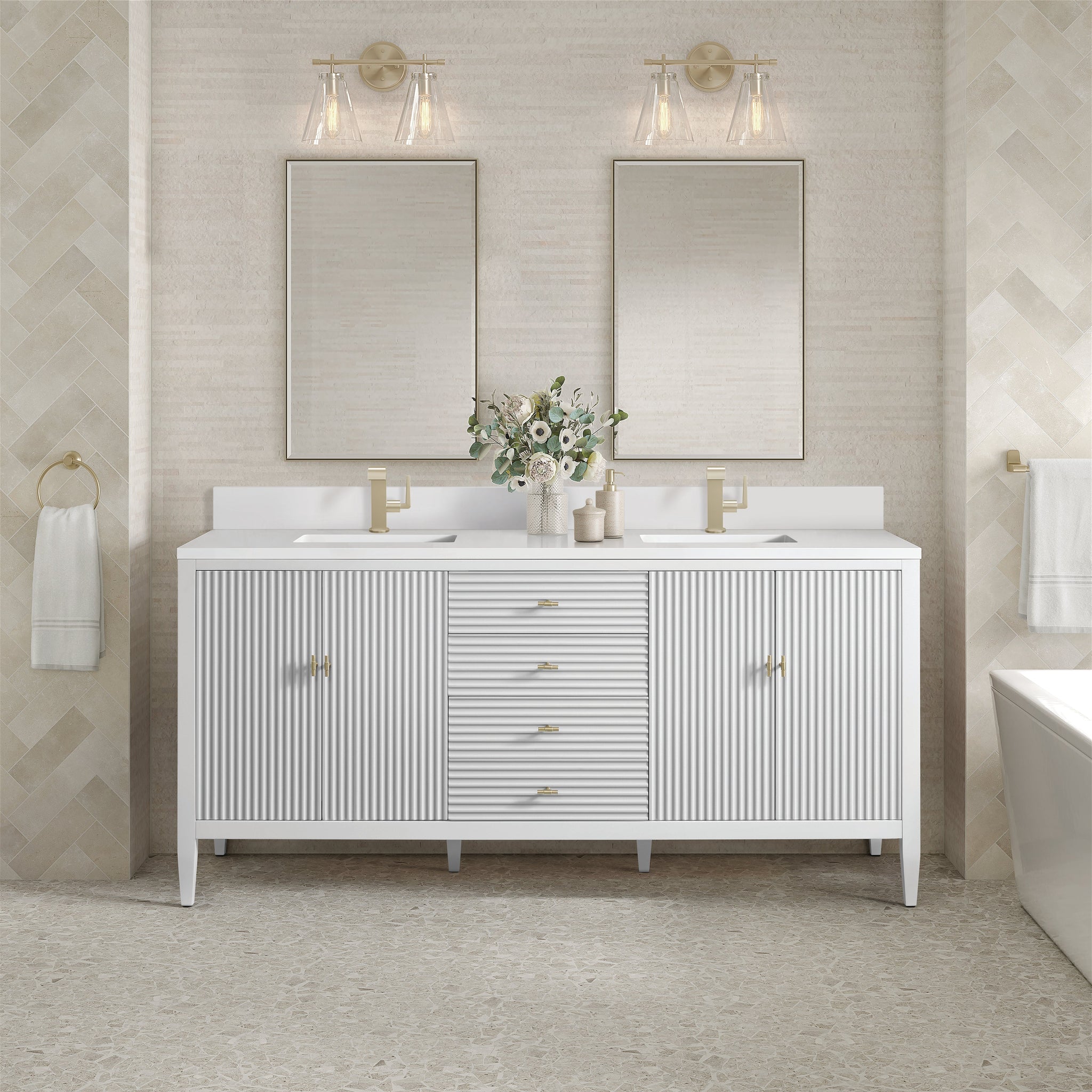 James Martin Myrrin 72" Single Bathroom Vanity, Bright White with White Zeus countertop