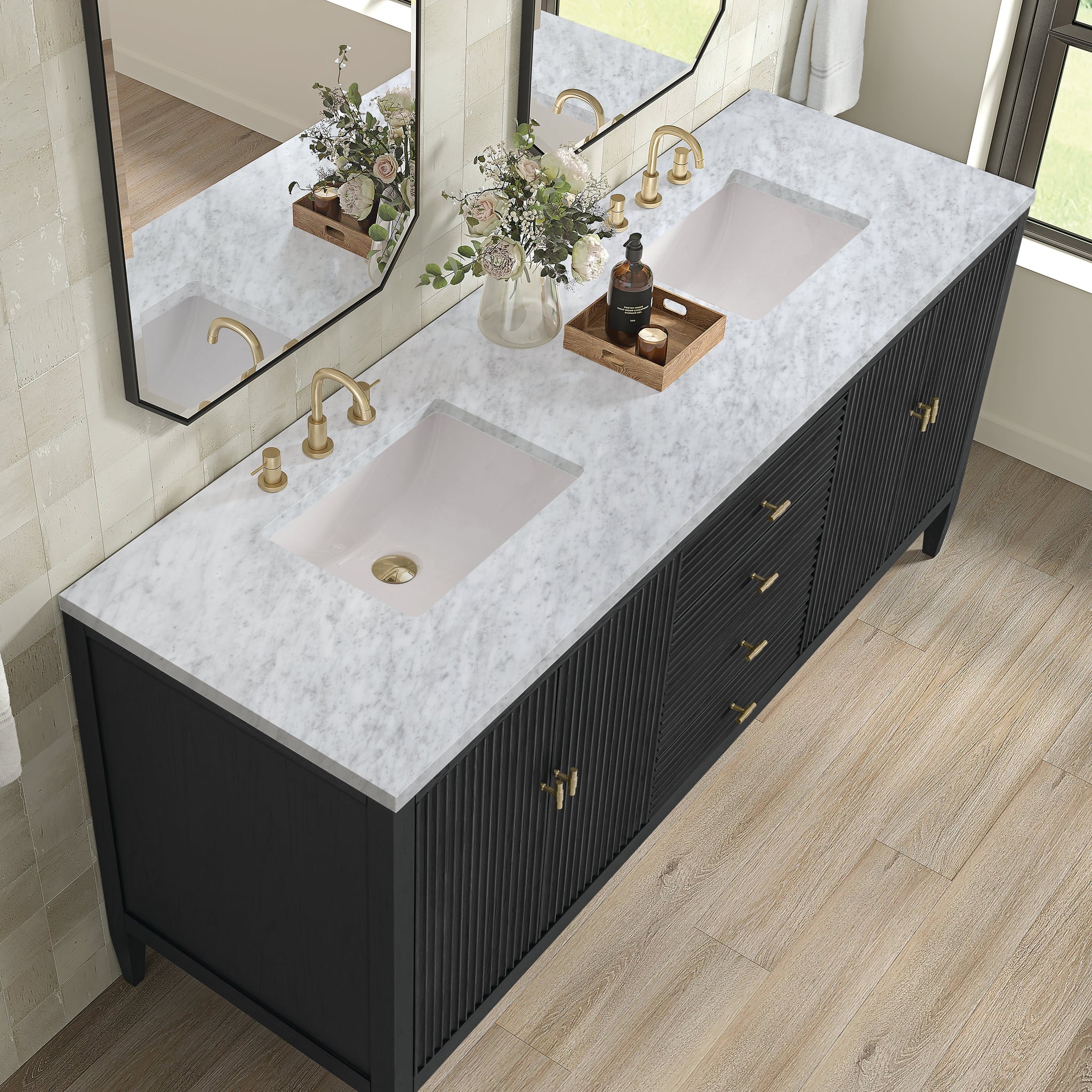 James Martin Myrrin 72" Double Bathroom Vanity, Carbon Oak with Carrara White countertop