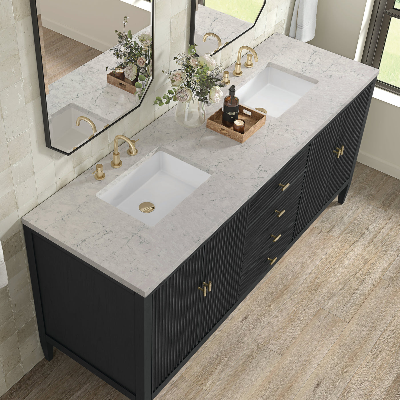 James Martin Myrrin 72" Double Bathroom Vanity, Carbon Oak with Eternal Jasmine Pearl countertop
