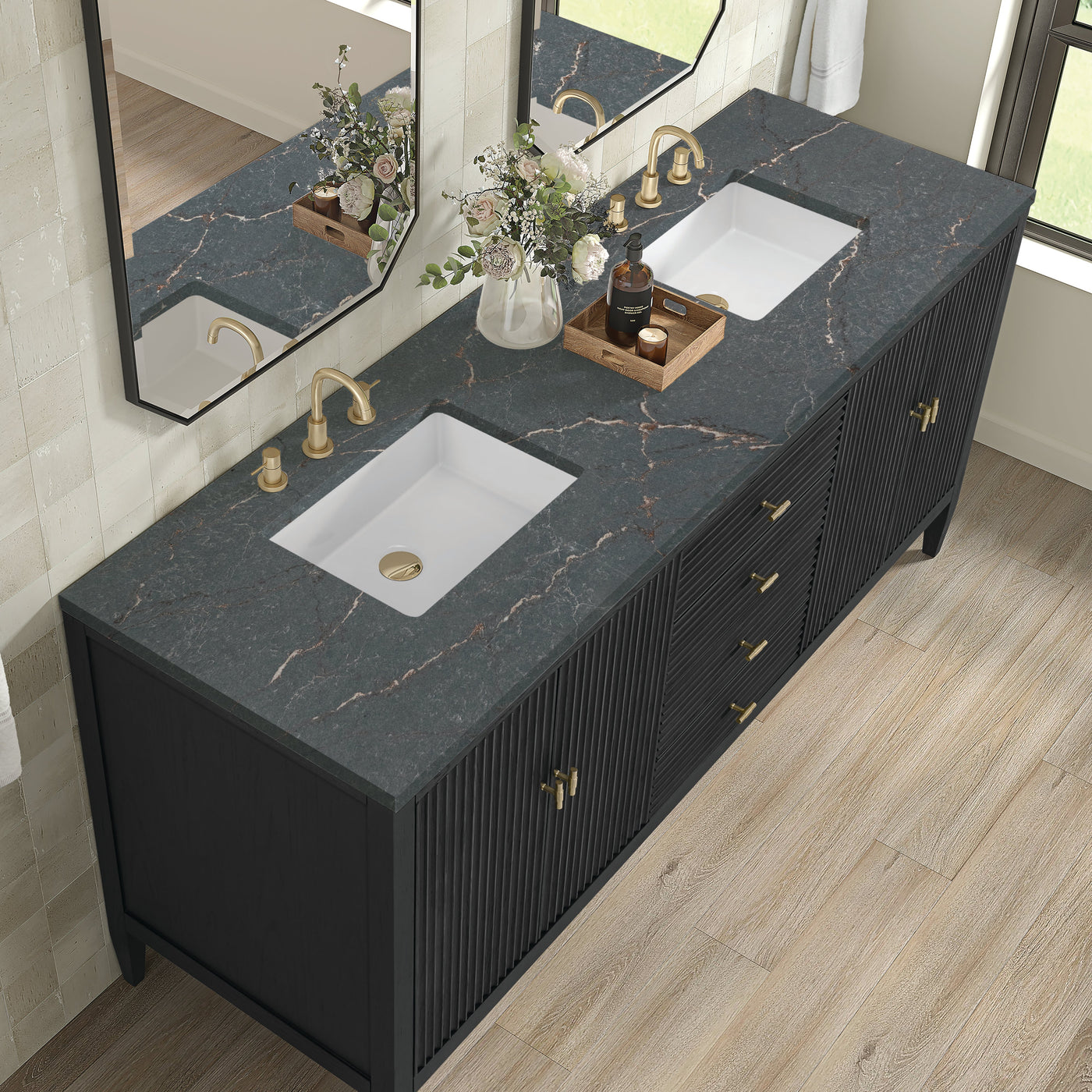 James Martin Myrrin 72" Double Bathroom Vanity, Carbon Oak with Parisien Bleu countertop