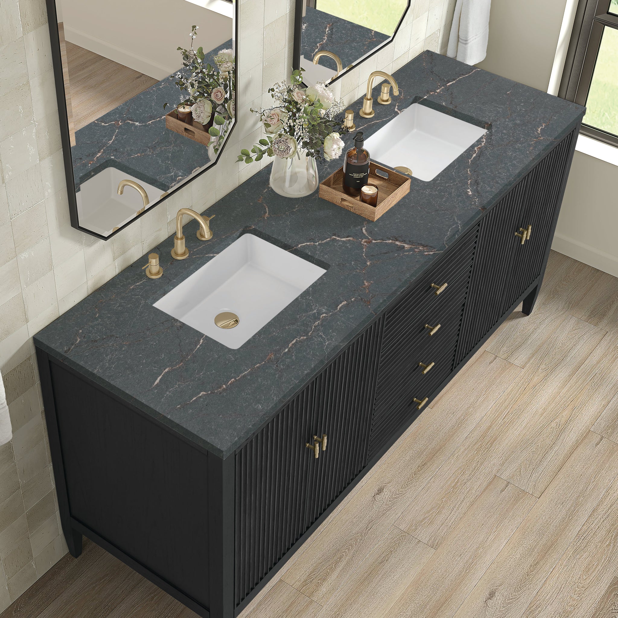 James Martin Myrrin 72" Double Bathroom Vanity, Carbon Oak with Parisien Bleu countertop