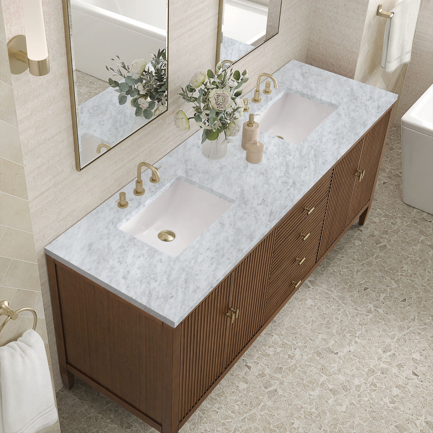 James Martin Myrrin 72" Double Bathroom Vanity, Mid-Century Walnut with Carrara White countertop