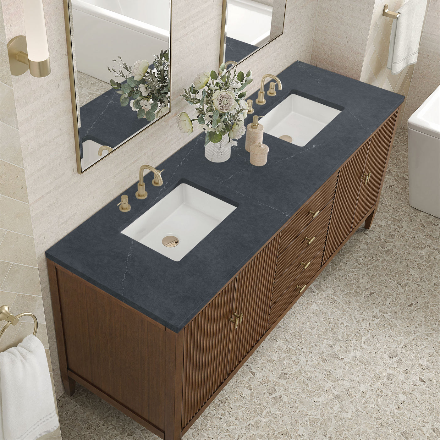 James Martin Myrrin 72" Double Bathroom Vanity, Mid-Century Walnut with Charcoal Soapstone countertop