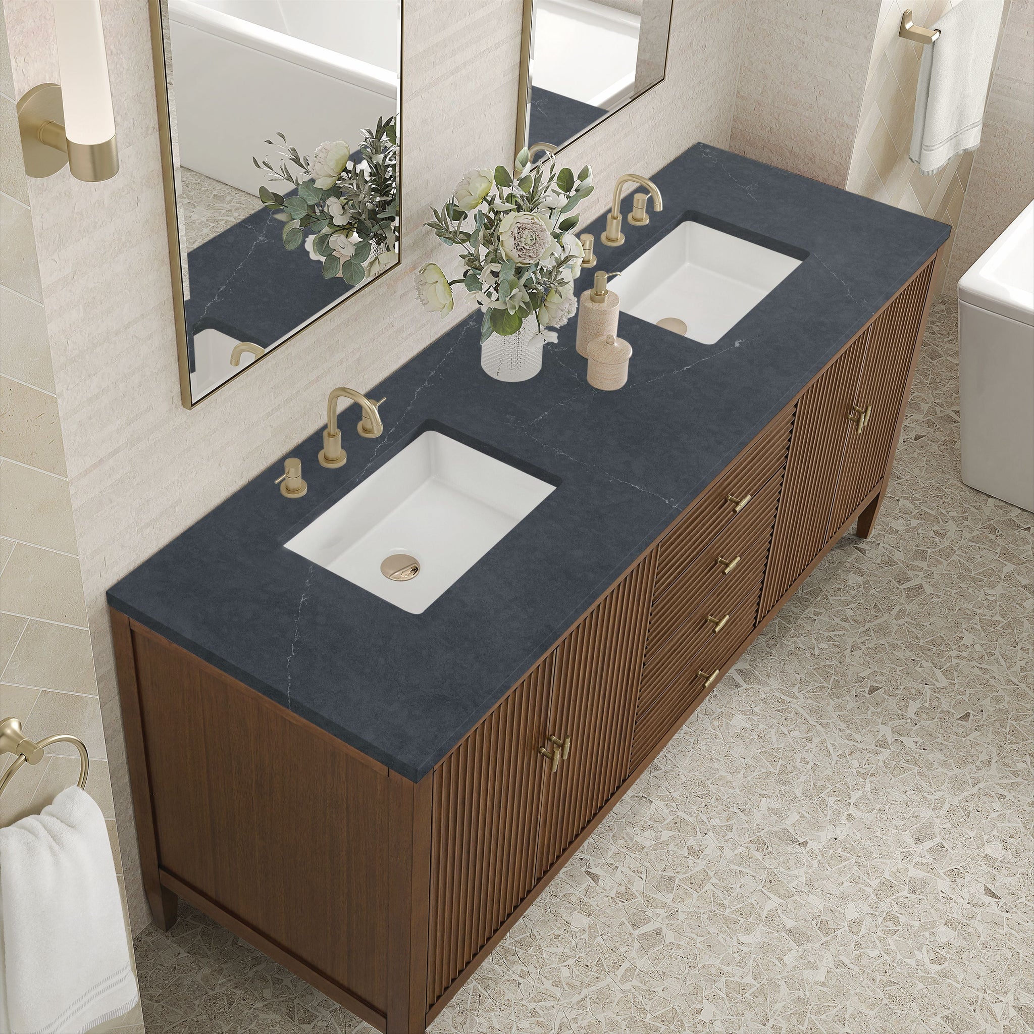 James Martin Myrrin 72" Double Bathroom Vanity, Mid-Century Walnut with Charcoal Soapstone countertop