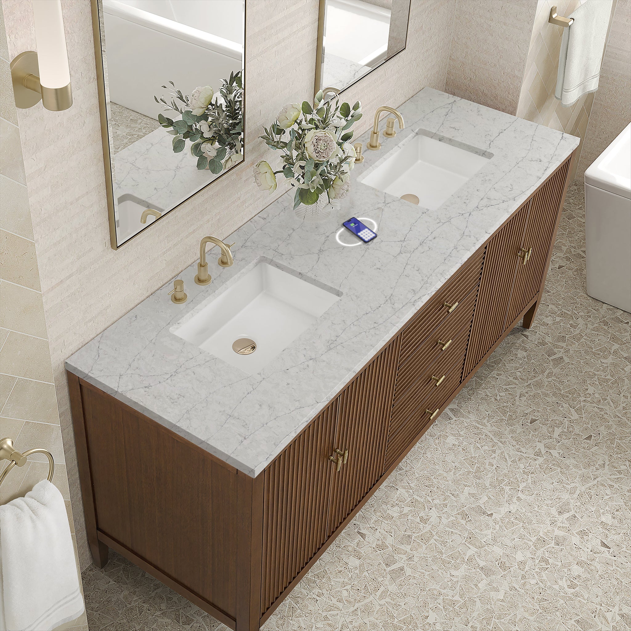 James Martin Myrrin 72" Double Bathroom Vanity, Mid-Century Walnut with Eternal Jasmine Pearl (FreePower) countertop