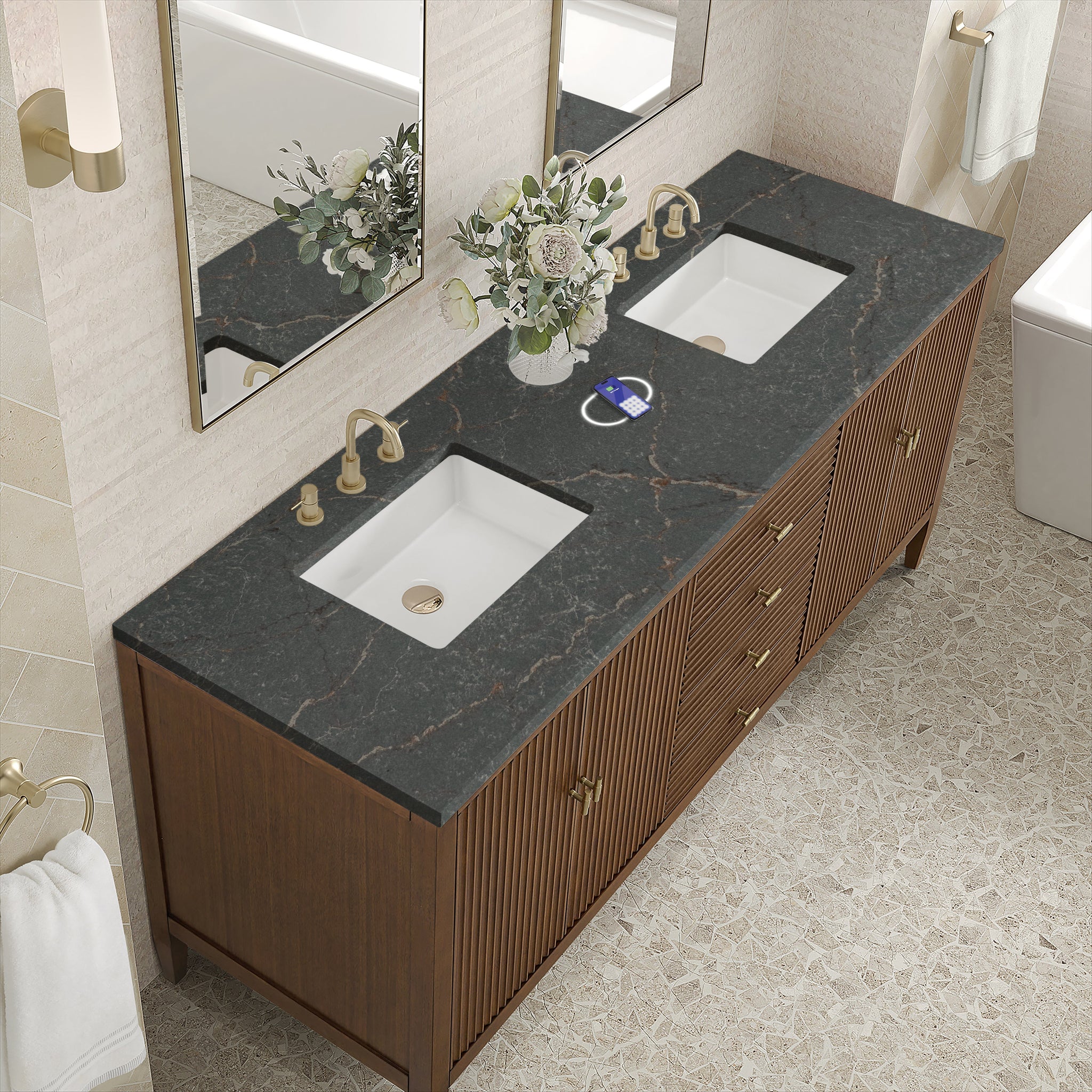 James Martin Myrrin 72" Double Bathroom Vanity, Mid-Century Walnut with Parisien Bleu (FreePower) countertop
