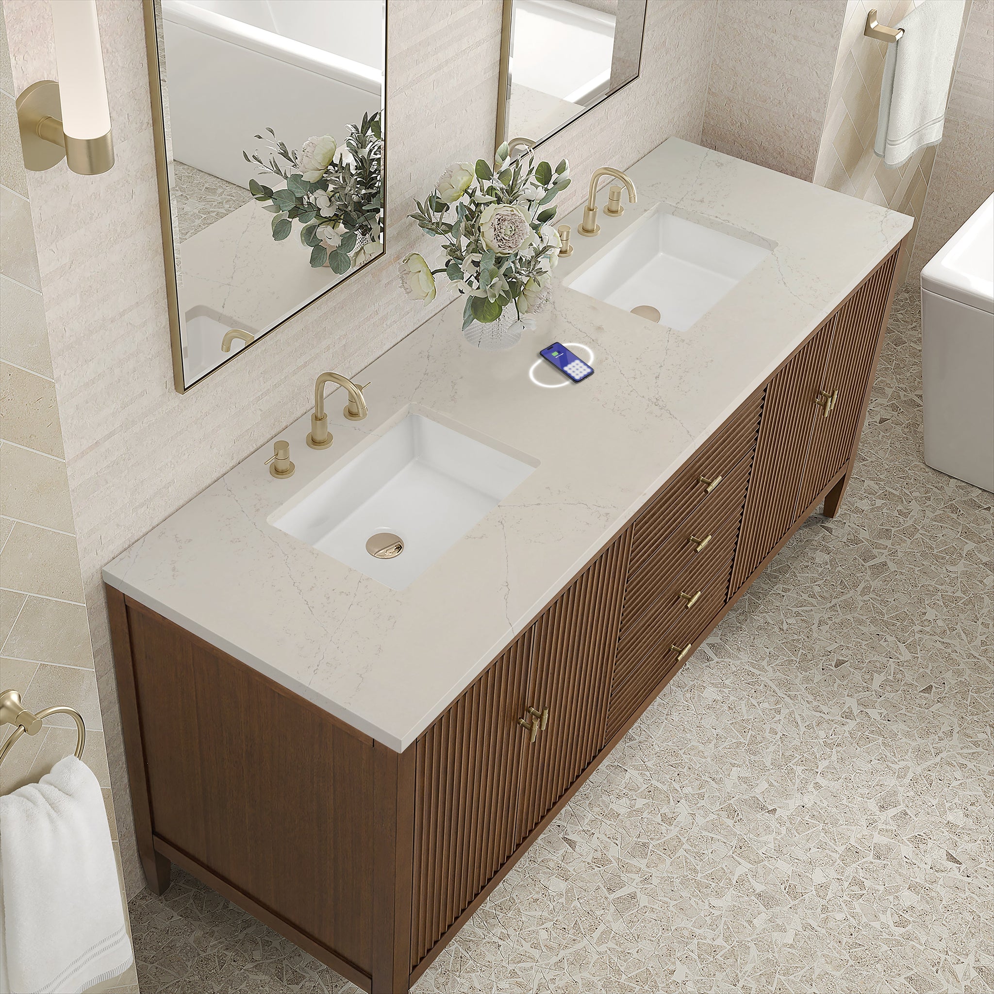 James Martin Myrrin 72" Double Bathroom Vanity, Mid-Century Walnut with Siberian (FreePower) countertop