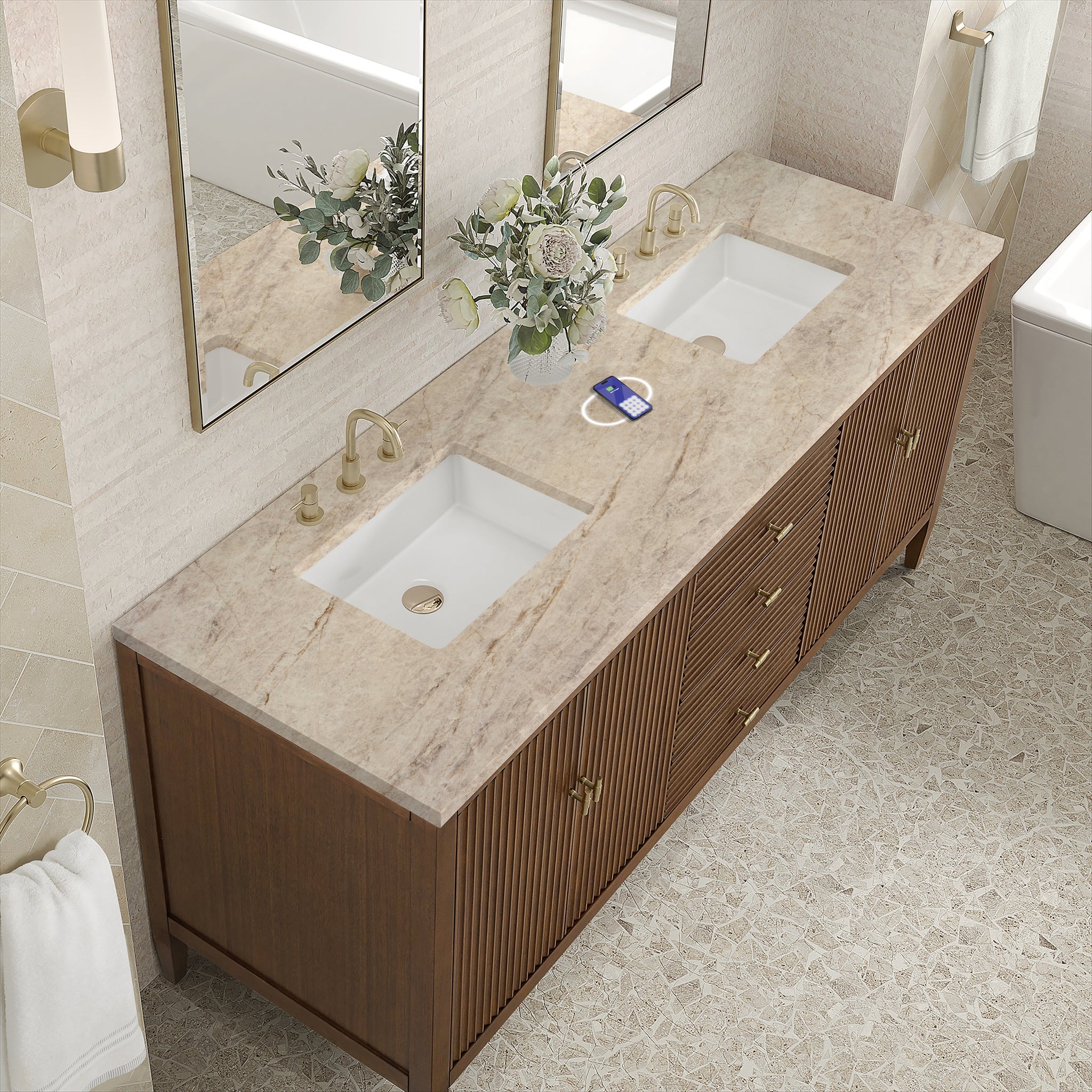 James Martin Myrrin 72" Double Bathroom Vanity, Mid-Century Walnut with Tajnar (FreePower) countertop