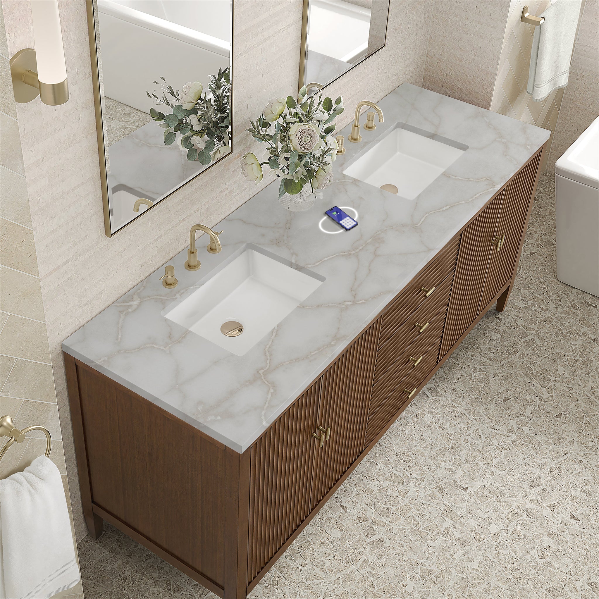James Martin Myrrin 72" Double Bathroom Vanity, Mid-Century Walnut with Victorian Silver (FreePower) countertop