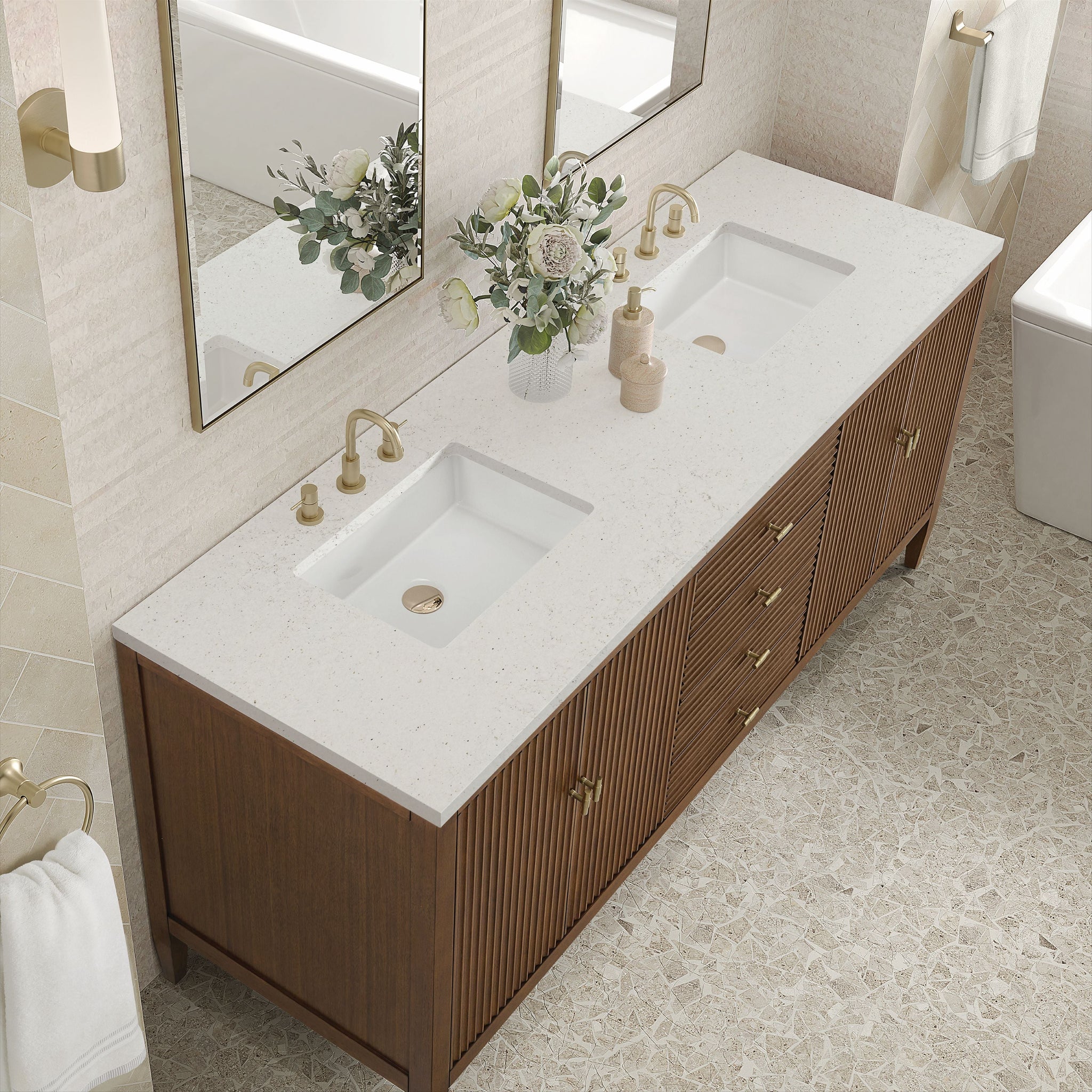 James Martin Myrrin 72" Double Bathroom Vanity, Mid-Century Walnut with Lime Delight countertop