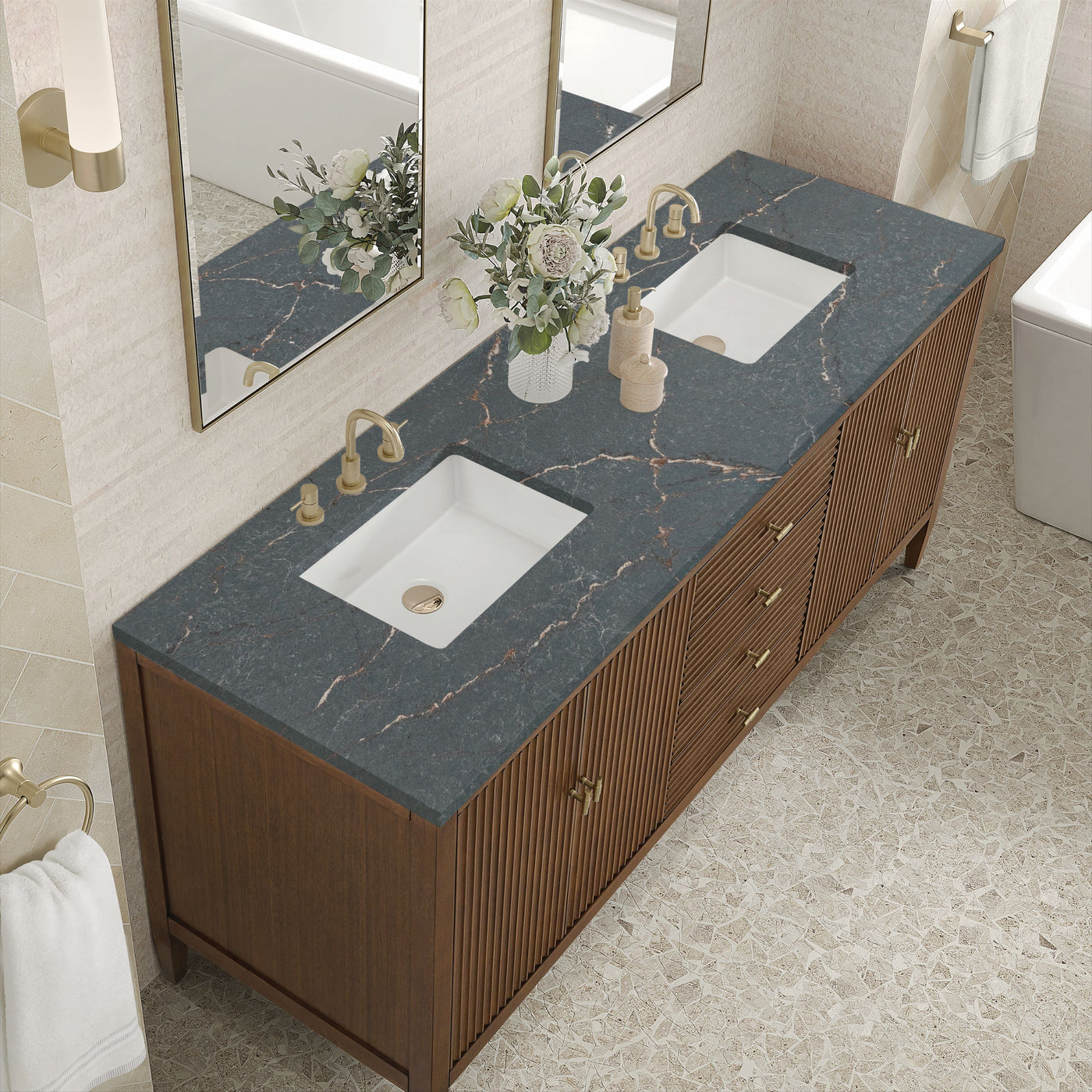 James Martin Myrrin 72" Double Bathroom Vanity, Mid-Century Walnut with Parisien Bleu countertop