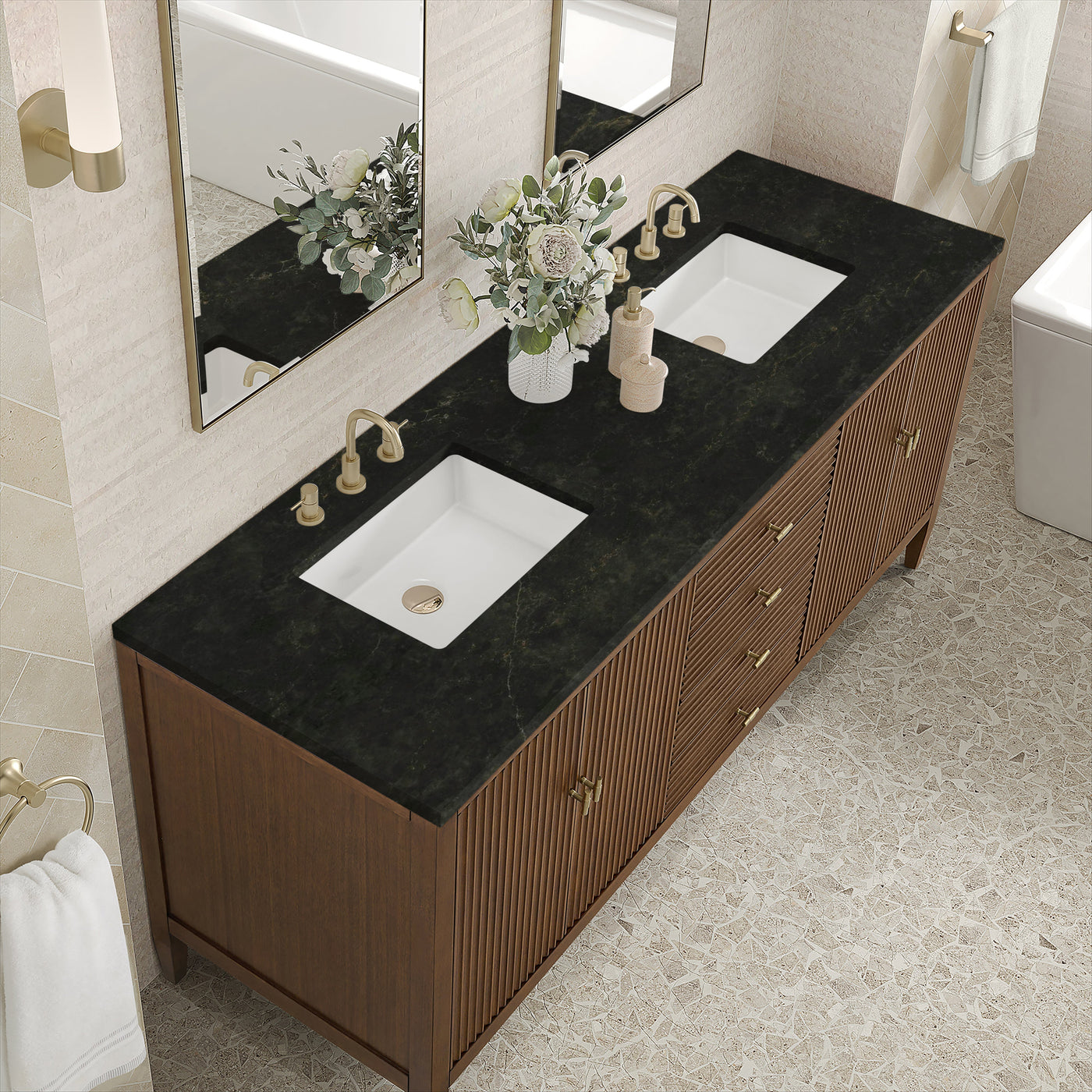 James Martin Myrrin 72" Double Bathroom Vanity, Mid-Century Walnut with Phantome countertop