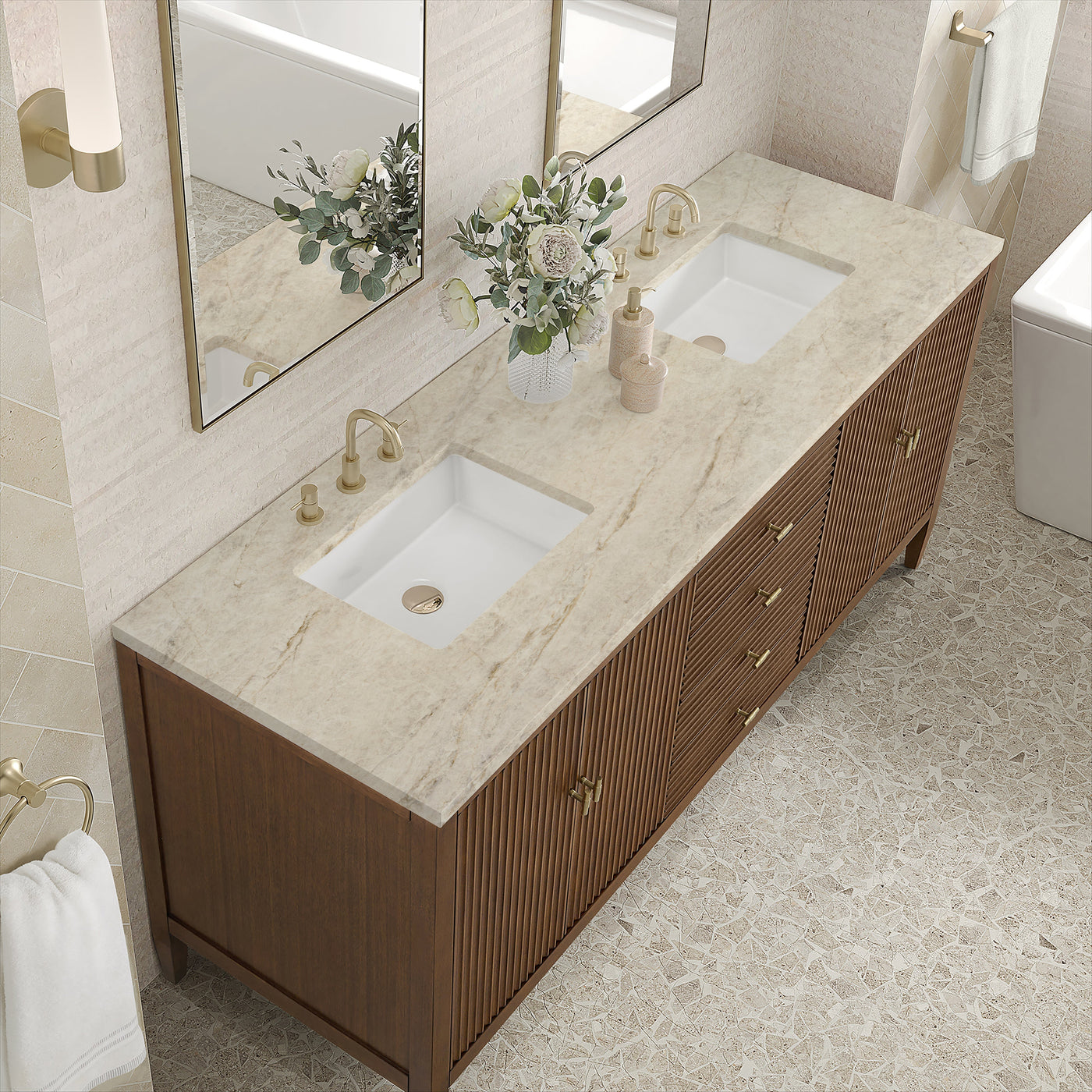 James Martin Myrrin 72" Double Bathroom Vanity, Mid-Century Walnut with Tajnar countertop