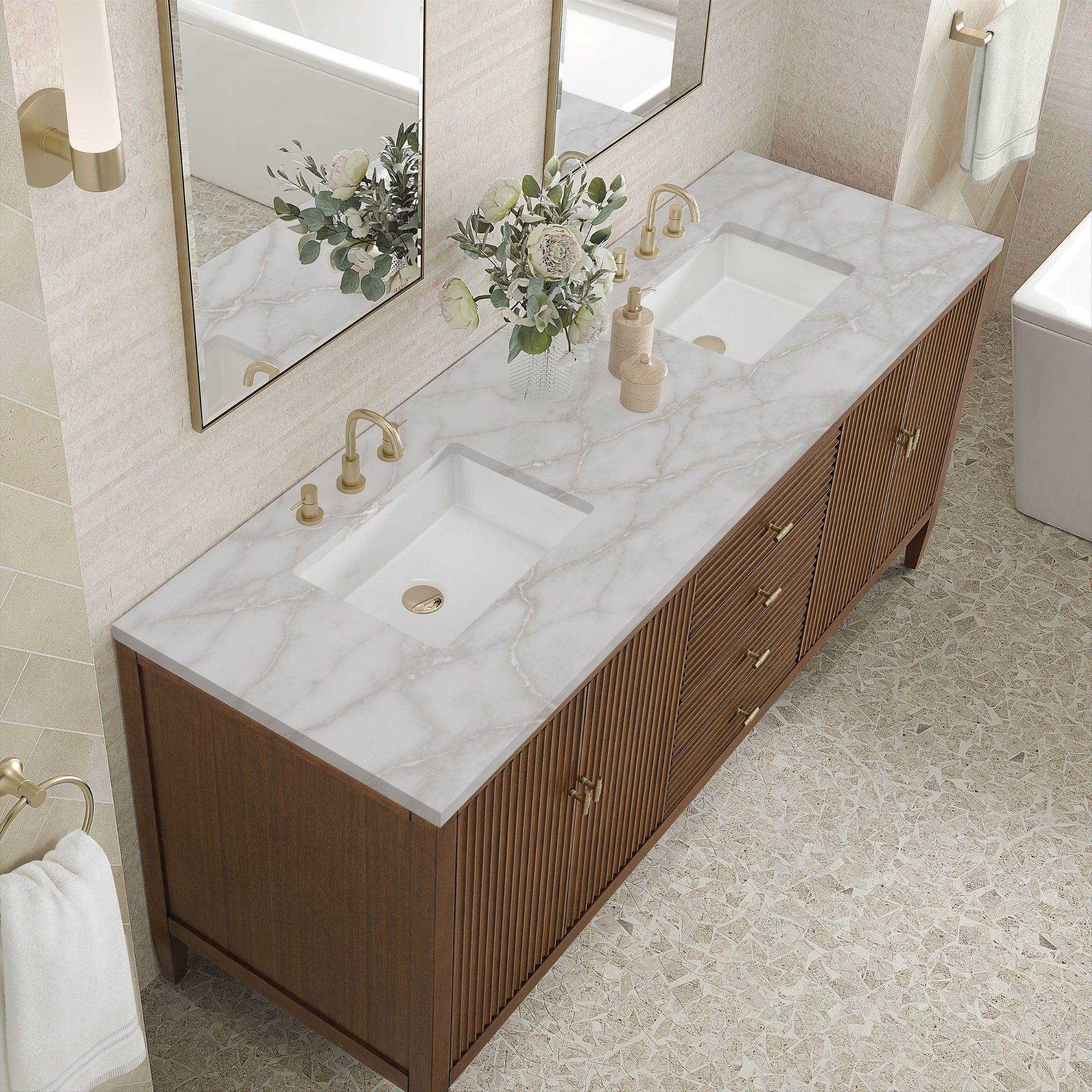 James Martin Myrrin 72" Double Bathroom Vanity, Mid-Century Walnut with Victorian Silver countertop