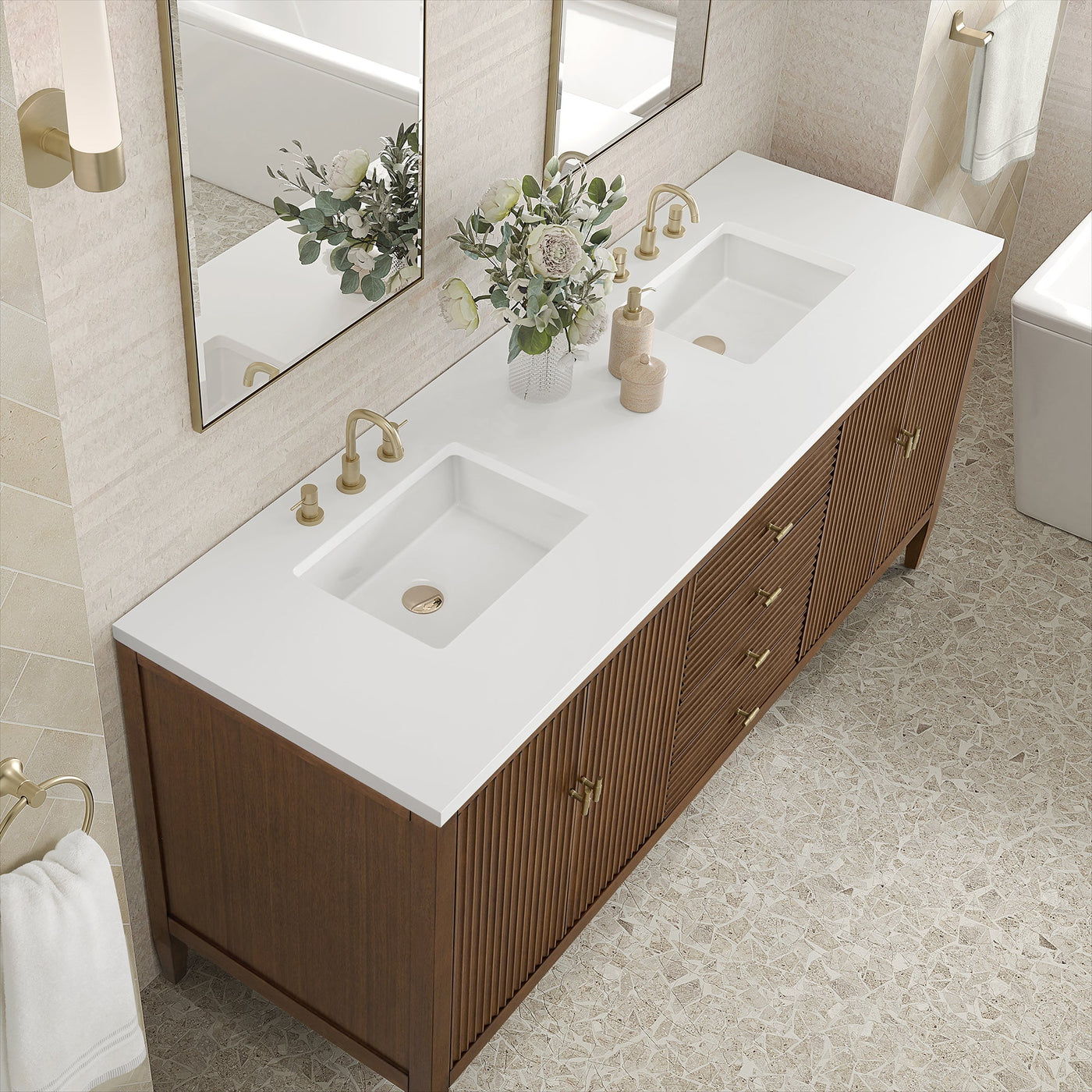 James Martin Myrrin 72" Double Bathroom Vanity, Mid-Century Walnut with White Zeus countertop