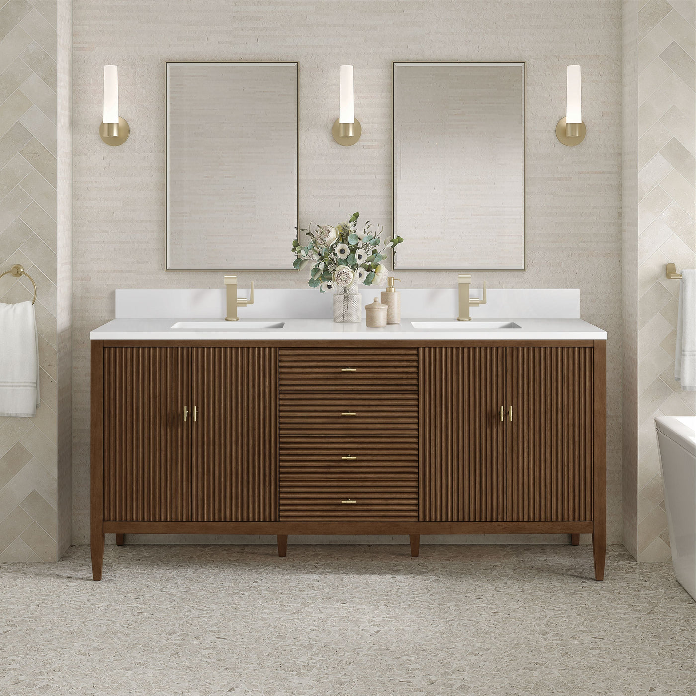 James Martin Myrrin 72" Single Bathroom Vanity, Mid-Century Walnut with White Zeus countertop