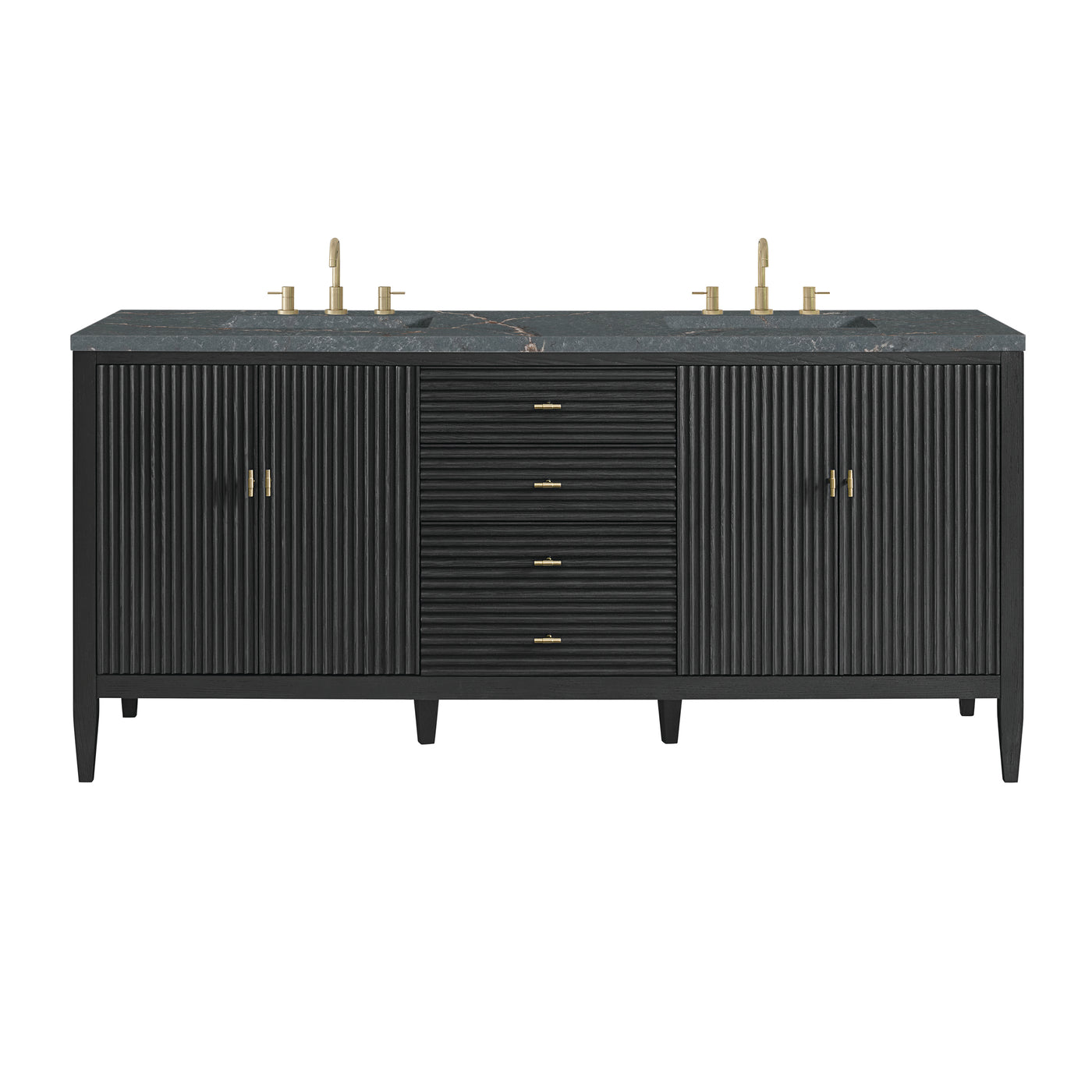 James Martin Myrrin 72" Double Bathroom Vanity, Carbon Oak with Parisien Bleu (FreePower) countertop