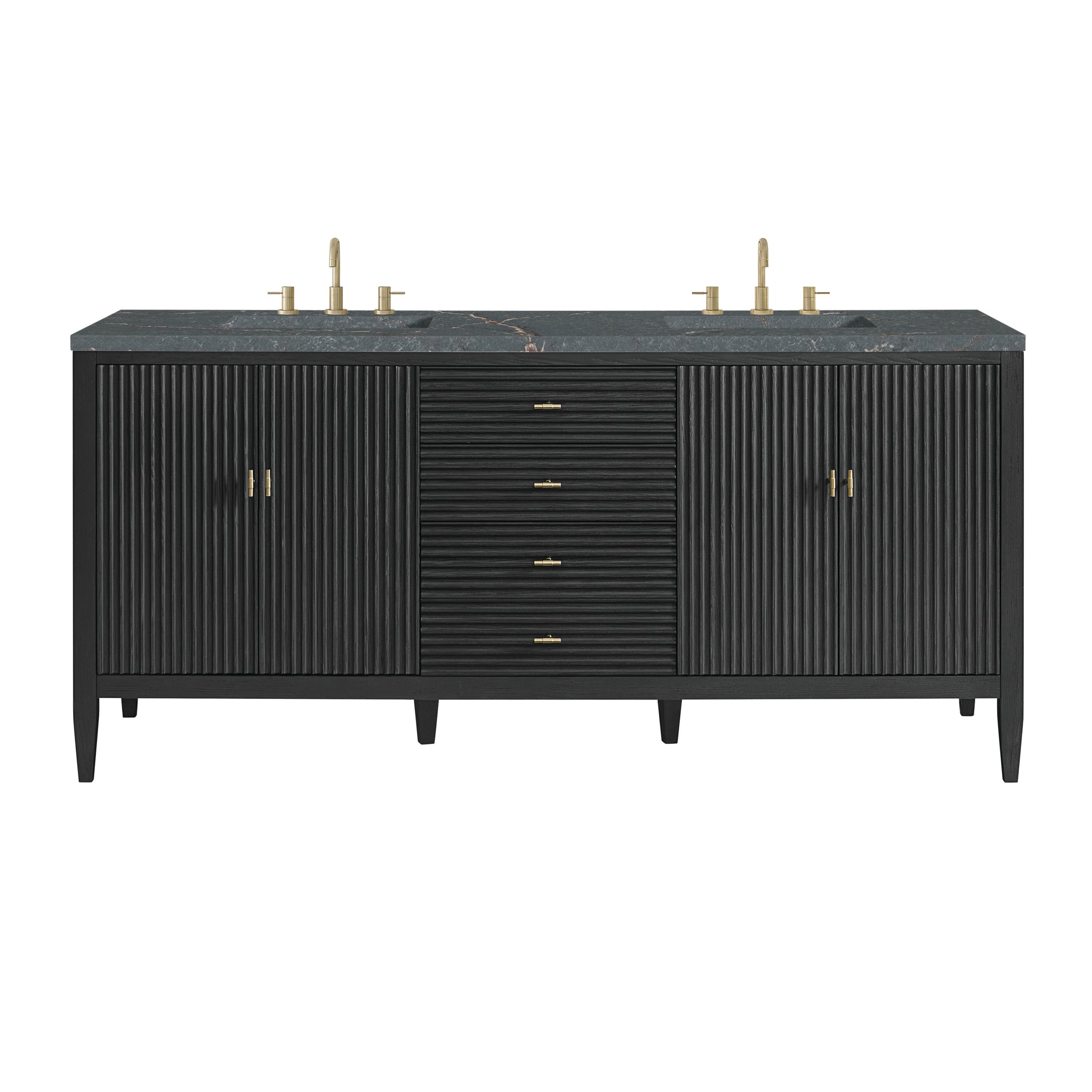 James Martin Myrrin 72" Double Bathroom Vanity, Carbon Oak with Parisien Bleu (FreePower) countertop