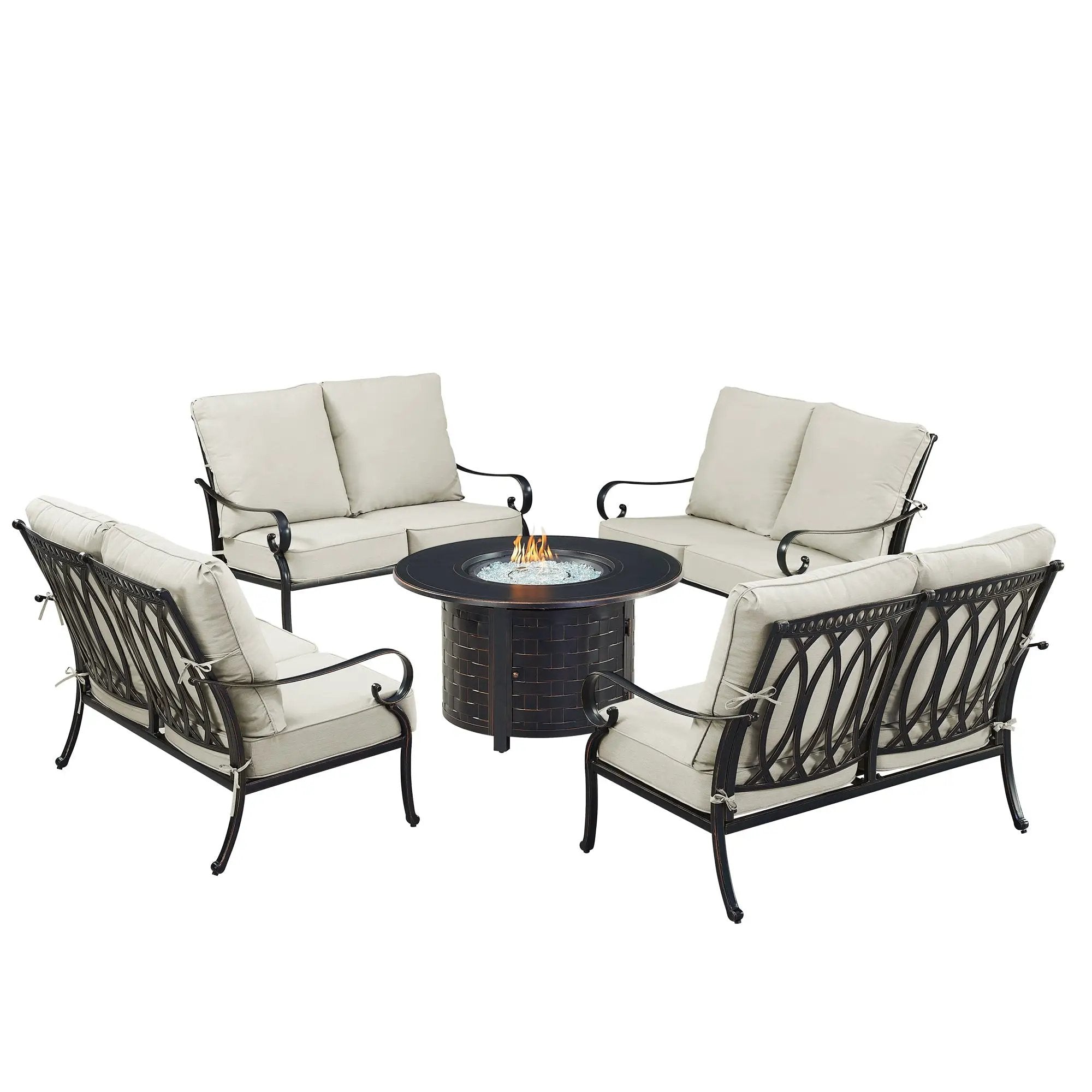 Black Aluminum Fire Table Set with Four Deep Seating Loveseats by Sharicks