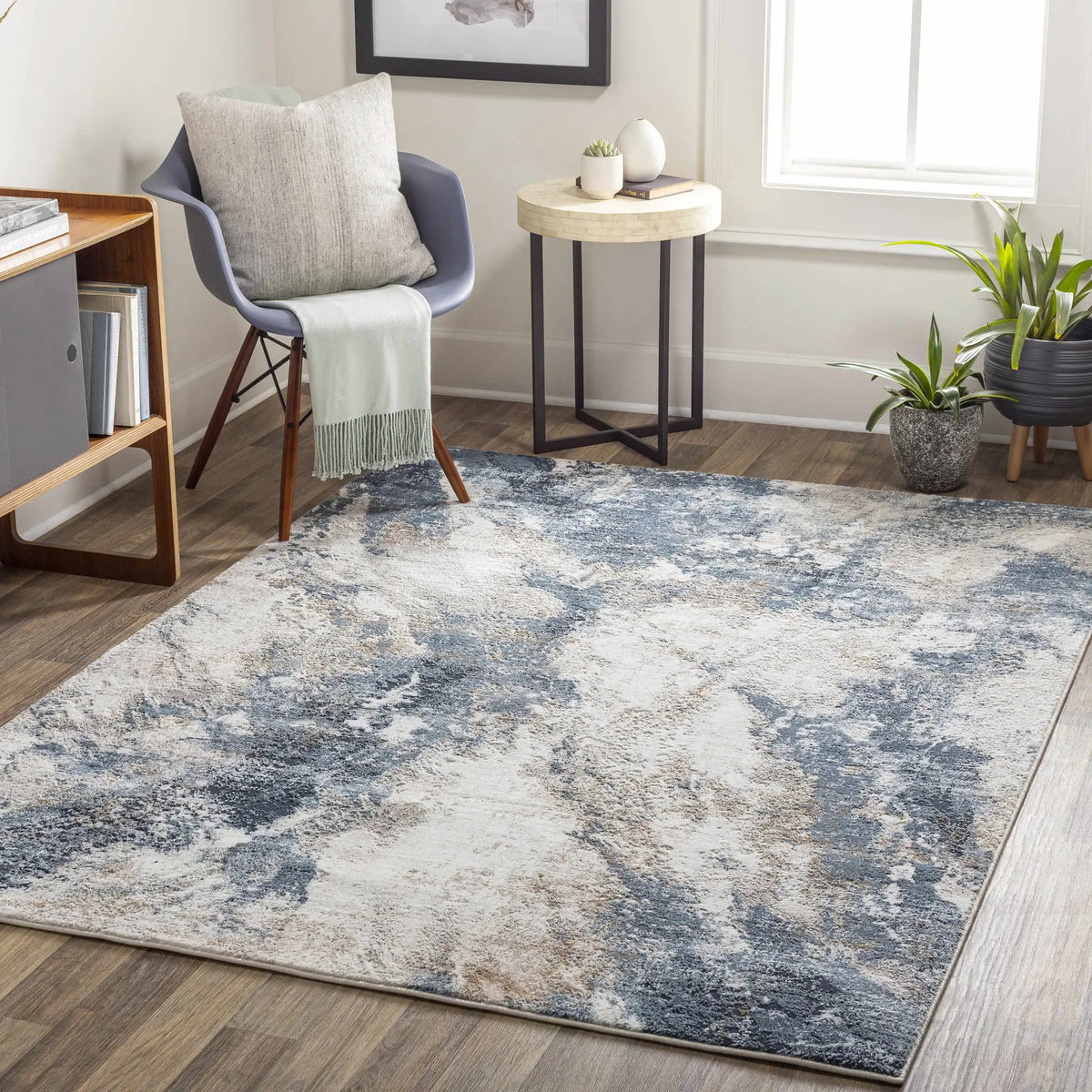 Napierville Blue Marble Rug, installed in a room