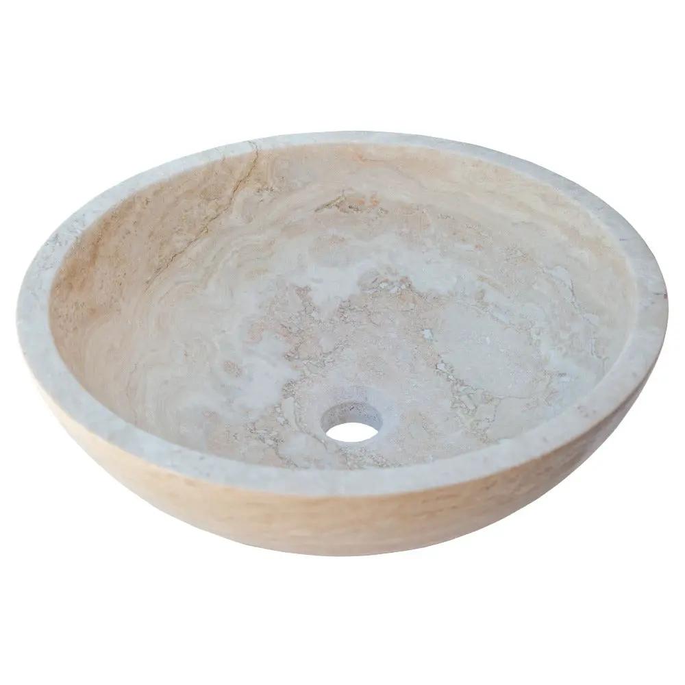 Beige Travertine Natural Stone Round Vessel Sink Honed and Filled 18 Inch Diameter by GobekDesign
