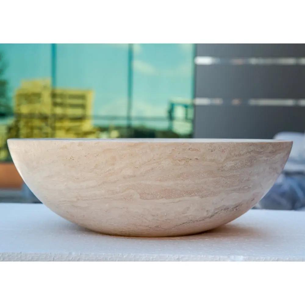 Beige Travertine Natural Stone Round Vessel Sink Honed and Filled 18 Inch Diameter by GobekDesign