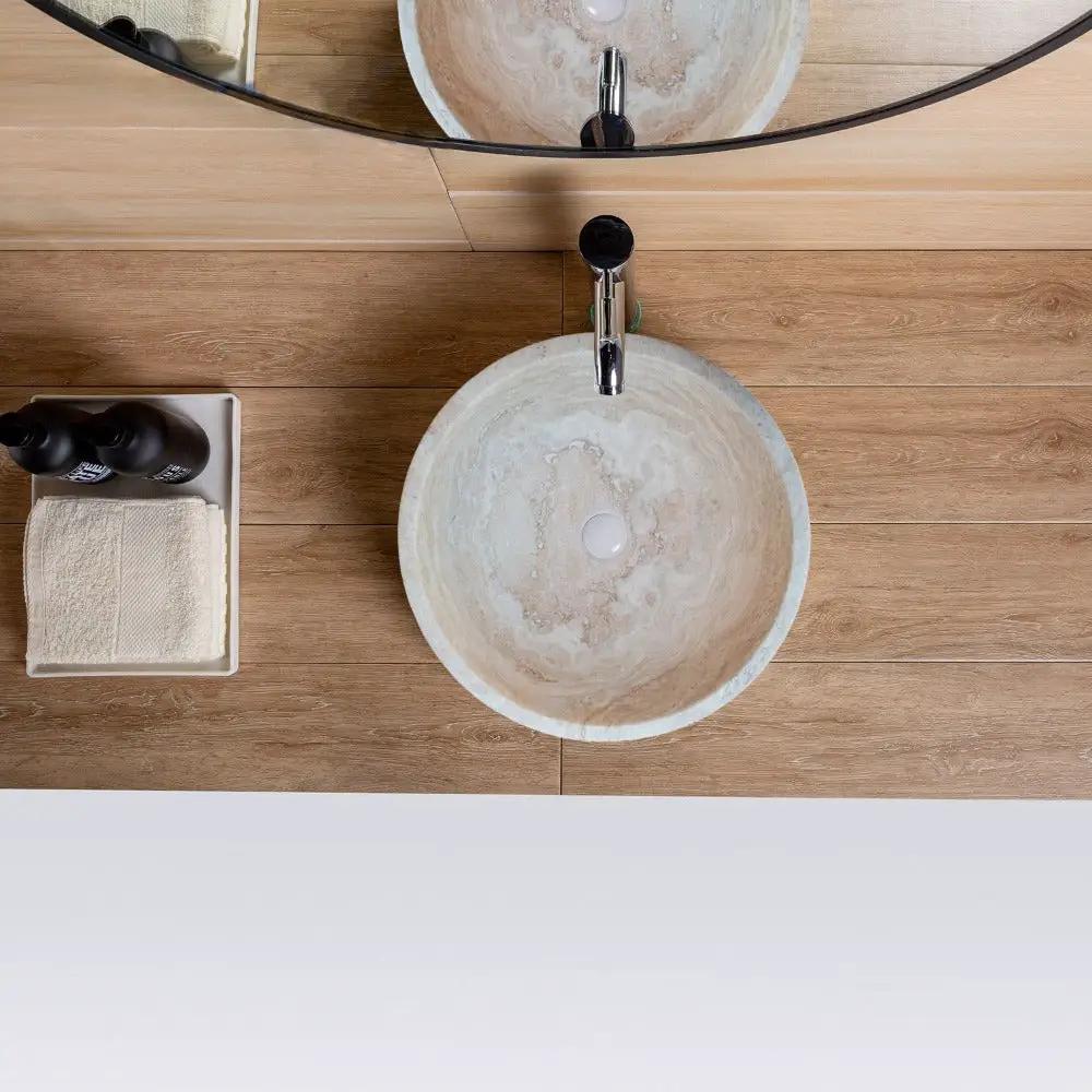 Beige Travertine Natural Stone Round Vessel Sink Honed and Filled 18 Inch Diameter by GobekDesign