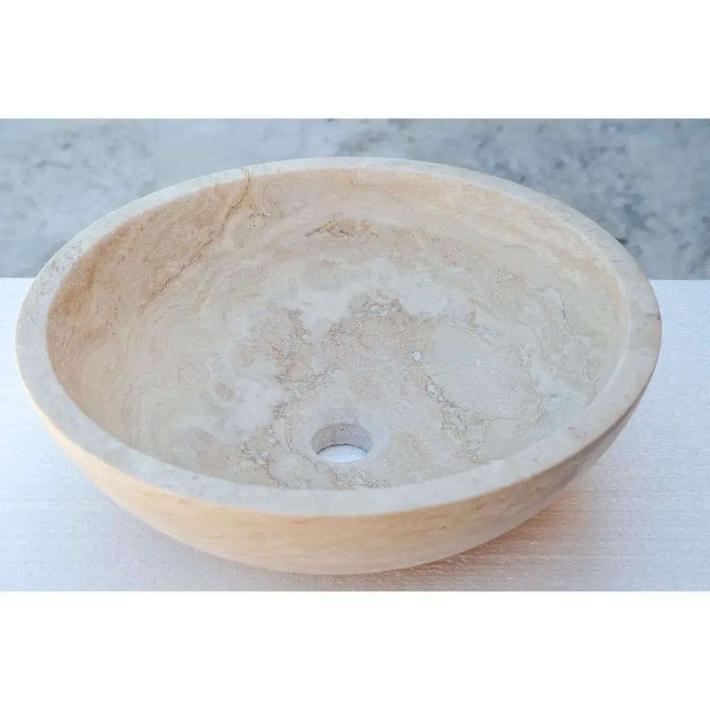 Beige Travertine Natural Stone Round Vessel Sink Honed and Filled 18 Inch Diameter by GobekDesign