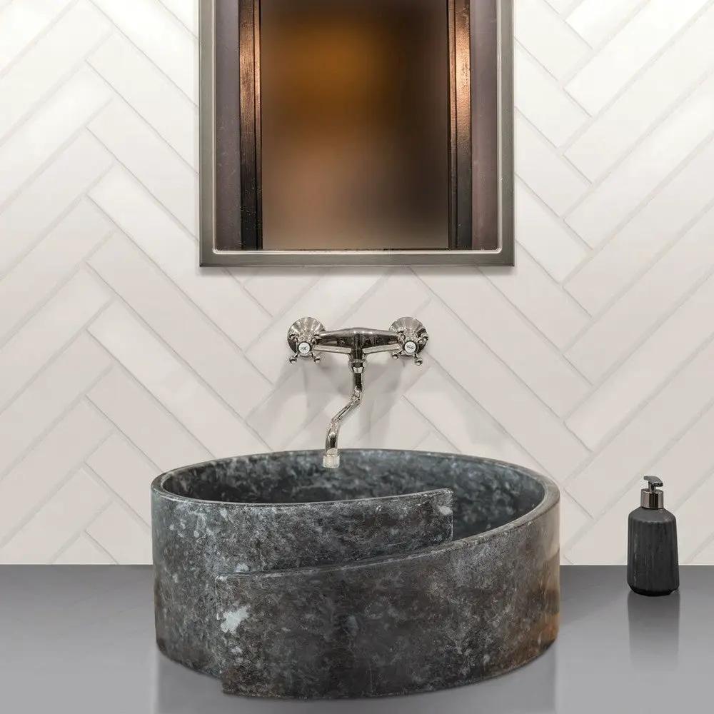 Black Marble Natural Stone Round Vessel Sink Handcrafted 16 Inch Diameter 6 Inch by GobekDesign