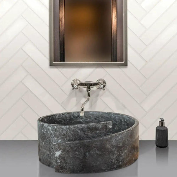 Black Marble Natural Stone Round Vessel Sink Handcrafted 16 Inch Diameter 6 Inch