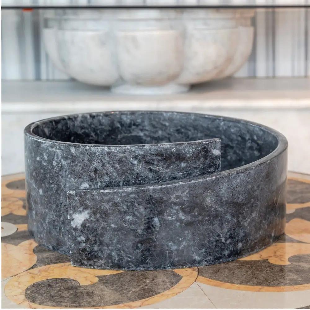 Black Marble Natural Stone Round Vessel Sink Handcrafted 16 Inch Diameter 6 Inch by GobekDesign