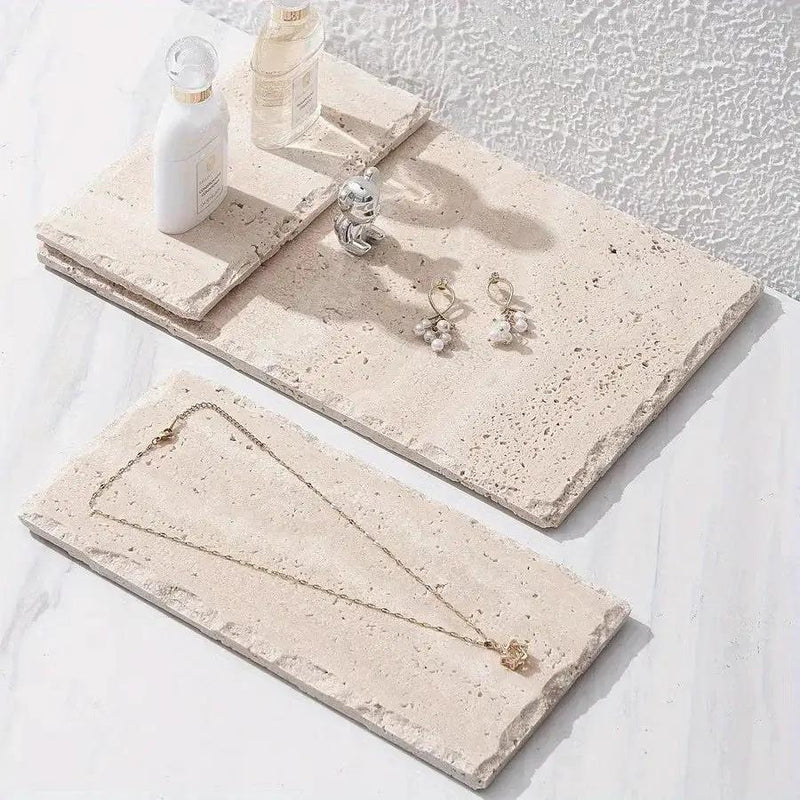Natural Stone Hand-Carved Weathered Edge Coaster & Tray Set - Beige/ Eroded Texture, Non-Slip Rectangular Tabletop Organizer with Rounded Edges, Multi-Size Stone Coasters and Tray for Minimalist Vanity, Bathroom, Kitchen, Cof by House Of Avana